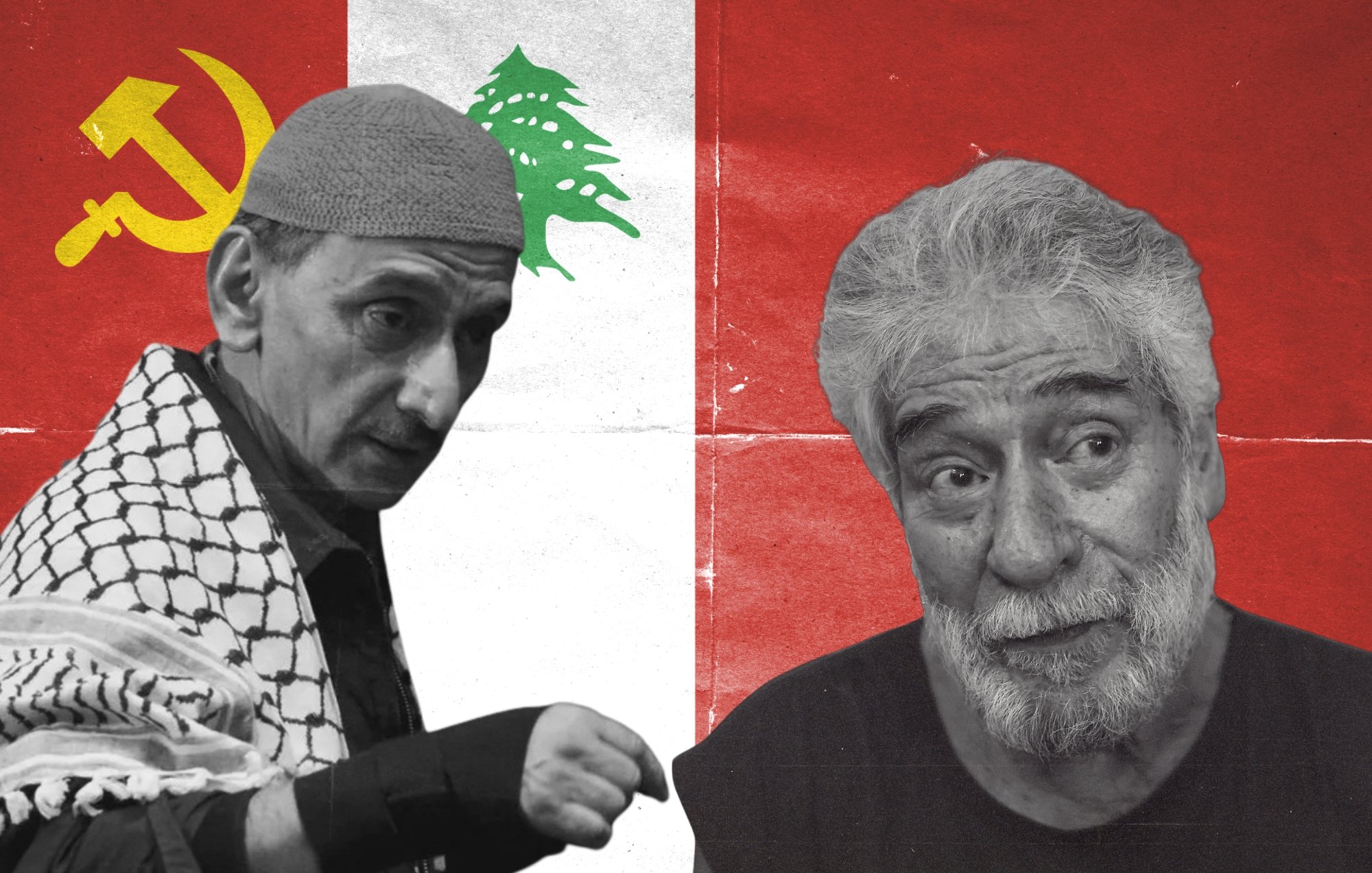 Deux hommes sur fond de drapeau libanais et symbole du communisme.