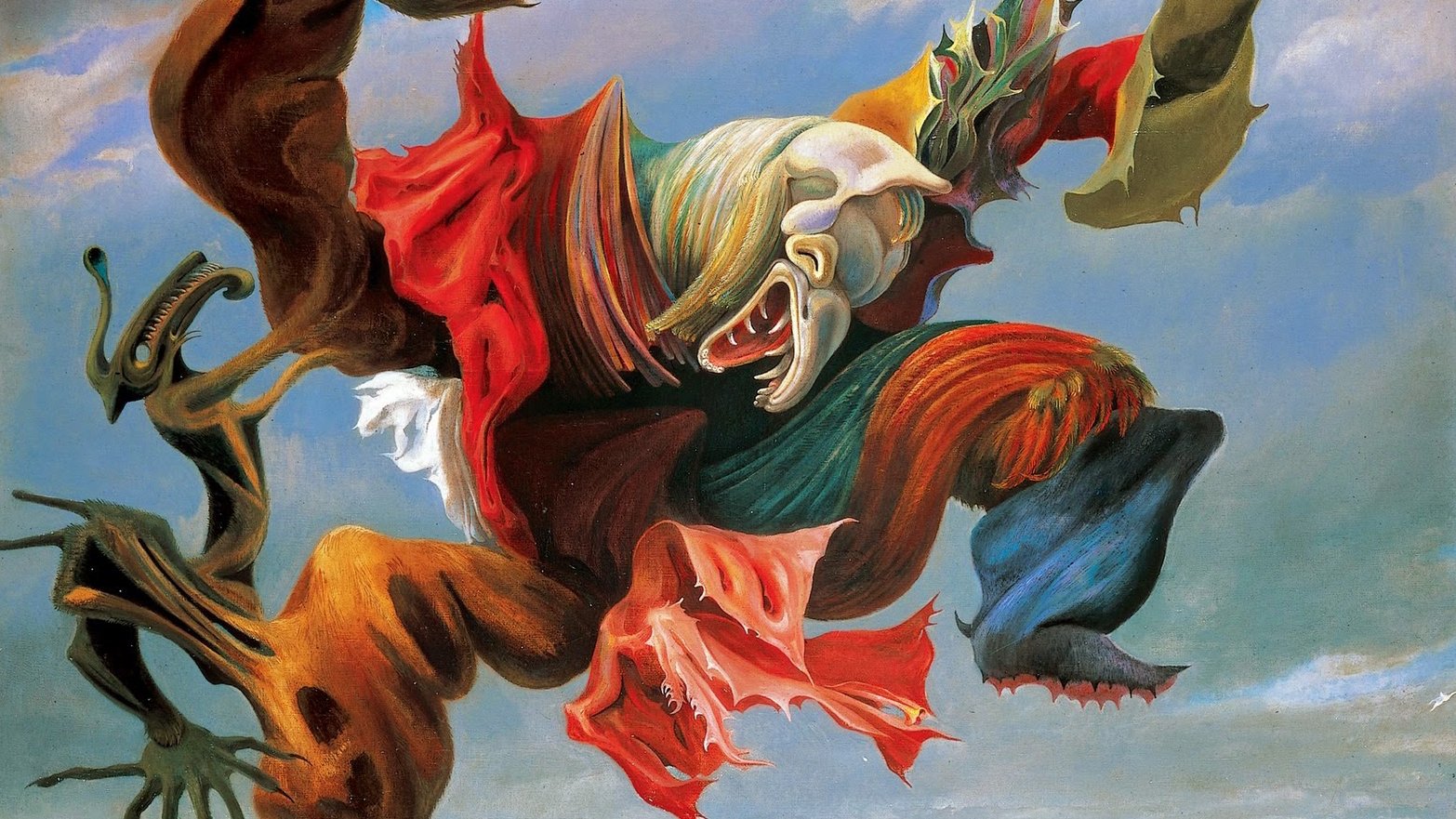 L'image représente une œuvre surréaliste, où des formes humaines et animalières sont fusionnées dans un mouvement dynamique. La figure centrale, avec des couleurs vives et des drapés fluides, semble incarner une émotion intense, peut-être de la colère ou de la passion. Les éléments grotesques et déformés ajoutent une dimension d'étrangeté à la scène, et le fond clair contraste avec la complexité des figures, créant un effet visuel captivant et déroutant.