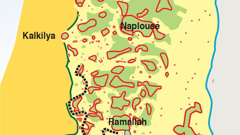 L'image est une carte représentant la région de la Palestine, mettant en évidence différentes zones et éléments liés à la présence israélienne. Elle montre : - Les zones A et B, qui sont des territoires administrés respectivement par les Palestiniens et conjointement avec les Israéliens. - Les colonies israéliennes, indiquées par des zones colorées. - Les cordons de sécurité établis par les forces israéliennes autour des principales villes palestiniennes, ainsi que les points de contrôle israéliens. - Le mur de sécurité israélien, avec des sections déjà construites et d'autres en projet. Cette carte illustre les complexités géopolitiques de la région et les tensions entre les populations israélienne et palestinienne.