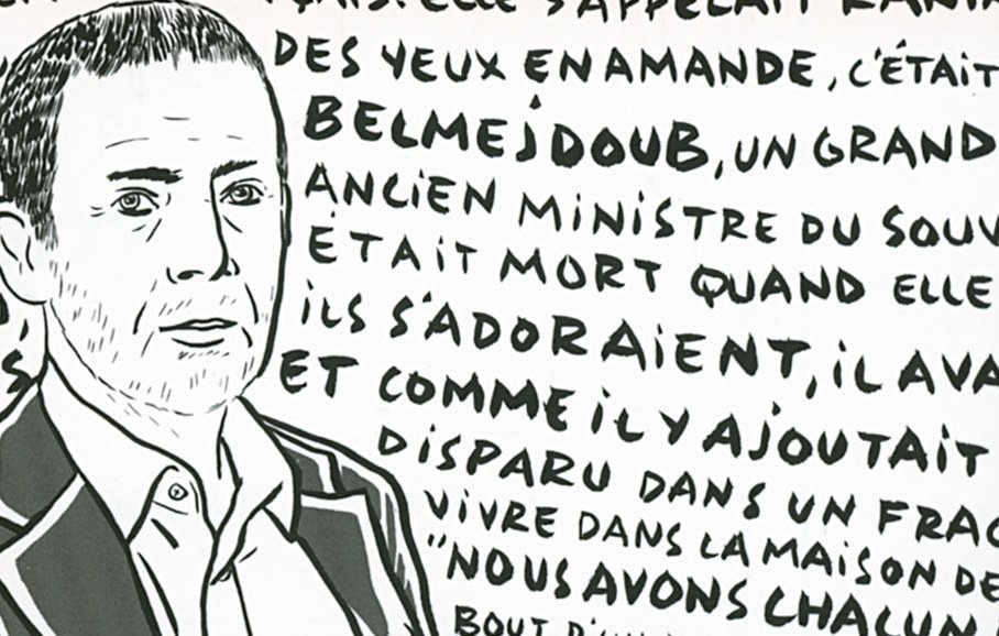 L'image montre un portrait en noir et blanc d'un homme, avec un style graphique qui donne un aspect de dessin. En arrière-plan, des mots ou phrases sont inscrits, évoquant une histoire ou une narration, probablement liée à des événements passés. Le texte mentionne un nom, "Belméjdoub," ainsi qu'une référence à un ancien ministre et à des thèmes de disparitions et de vies partagées. L'ensemble crée une atmosphère de réflexion sur des souvenirs marquants ou des récits personnels, avec un accent sur la mémoire et l'identité.