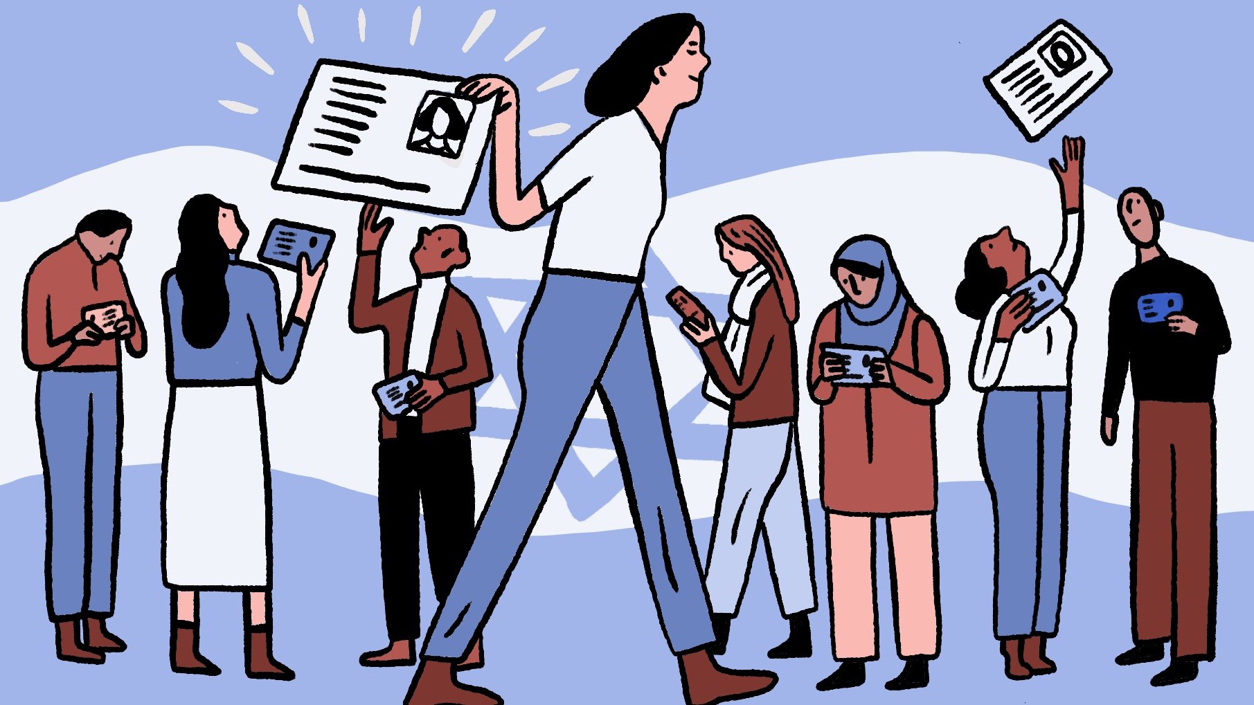 L'image représente un groupe de personnes dans un style graphique illustratif. Au centre, une femme de grande taille marche avec une affiche ou un document à la main. Autour d'elle, plusieurs personnes, d'origines et de styles variés, semblent interagir avec des appareils mobiles tout en observant ou en tenant d'autres documents. L'arrière-plan est en bleu clair avec des motifs géométriques qui créent une atmosphère dynamique. L'ensemble évoque une scène de partage d'information ou de communication.