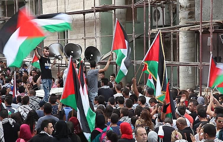 L'image montre une foule rassemblée, brandissant des drapeaux palestiniens. On peut voir des personnes de tous âges, certaines portant des keffiehs, symboles de la culture palestinienne. En arrière-plan, il y a des structures en construction, suggérant un environnement urbain en évolution. L'atmosphère semble dynamique et engagée, avec des expressions de solidarité et de détermination parmi les manifestants. Les haut-parleurs évoquent l'idée que des discours ou des chants sont en cours.