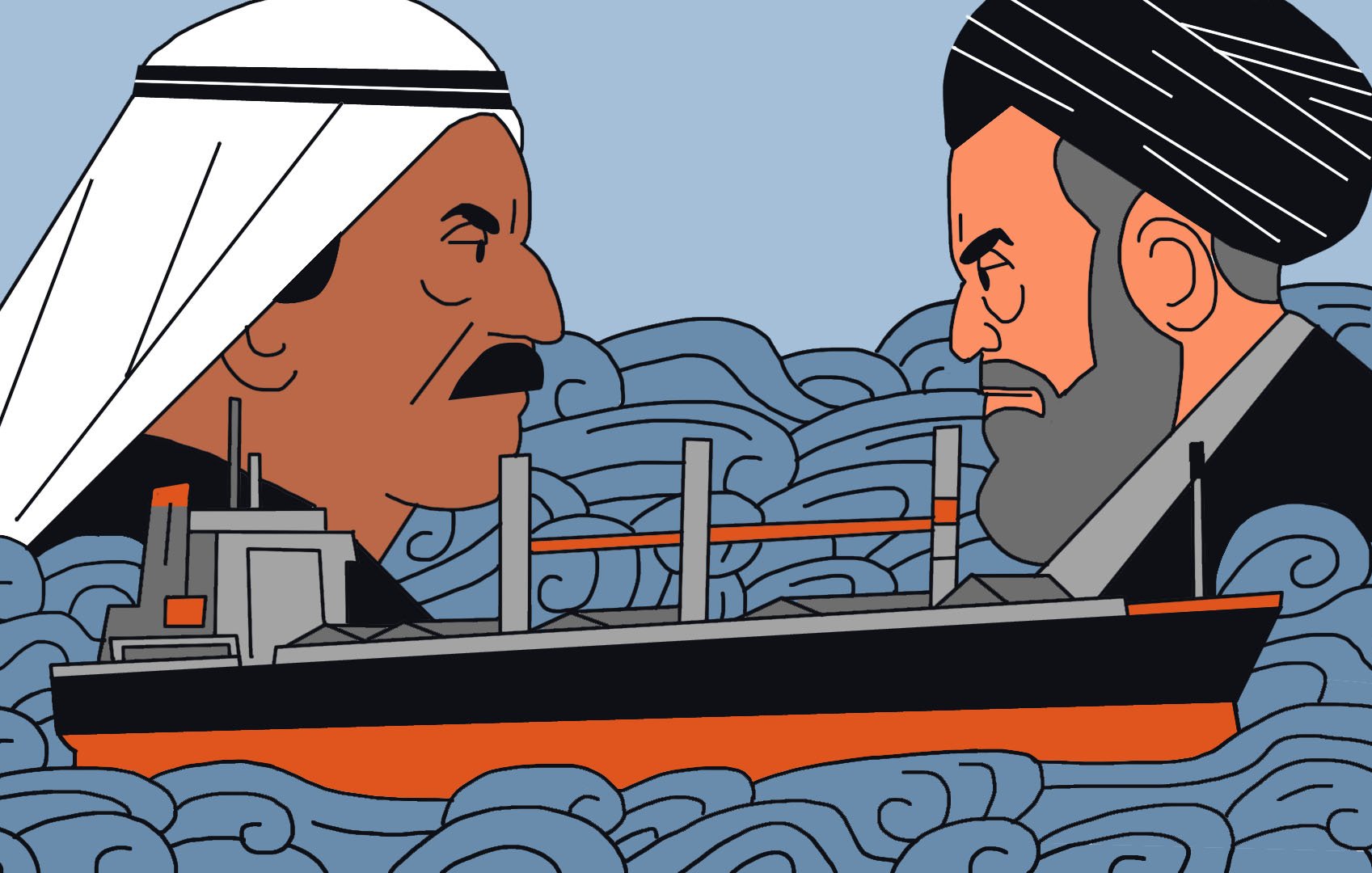 L'image présente deux visages stylisés, l'un portant un keffieh et l'autre un turban, se faisant face dans un environnement marin agité. Entre eux, un bateau de marchandises est représenté, naviguant à travers des vagues. Les expressions des visages sont intenses, suggérant un conflit ou une tension entre les deux personnages. Les couleurs utilisées sont principalement des tons de bleu, blanc, noir et orange, ajoutant à l'aspect graphique de l'illustration.