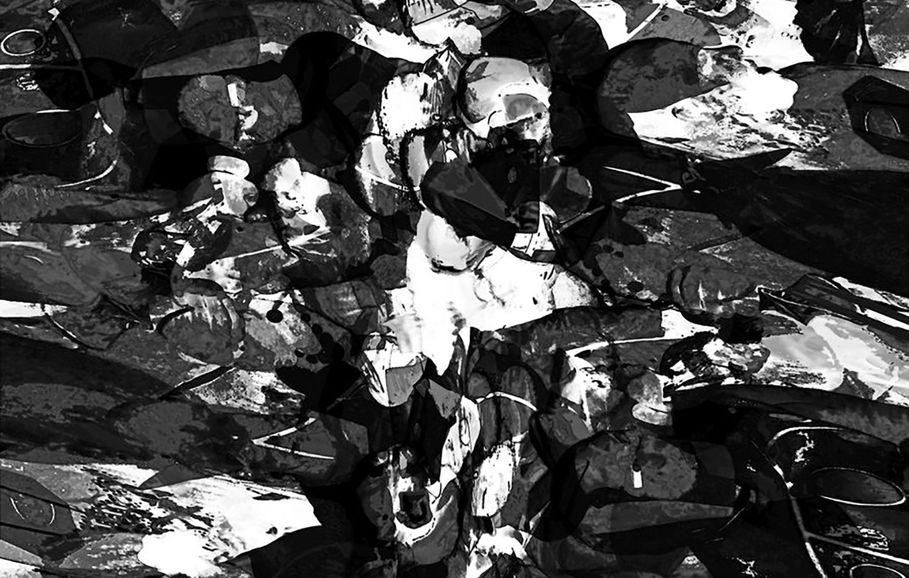 Cette image présente une composition abstraite en noir et blanc. On y trouve des formes tourbillonnantes et des textures variées, créant un effet de profondeur et de mouvement. Les contrastes entre les zones sombres et lumineuses ajoutent à la complexité visuelle, tandis que les motifs semblent se fondre les uns dans les autres, conférant une ambiance mystérieuse à l'ensemble.