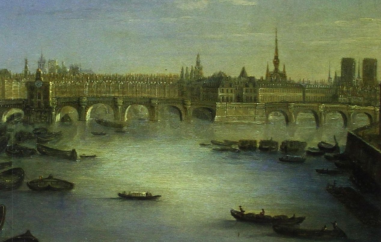 L'image représente un paysage urbain avec un large fleuve en premier plan. Plusieurs bateaux flottent sur l'eau calme. En arrière-plan, on distingue un pont majestueux qui relie les deux rives du fleuve. Les bâtiments sur chaque rive, dont certains sont ornés de clochers et de tours, évoquent une architecture historique. Le ciel est teinté de nuances de bleu et de gris, créant une atmosphère tranquille. La scène a une ambiance poétique et nostalgique, capturant un moment paisible de la vie urbaine.