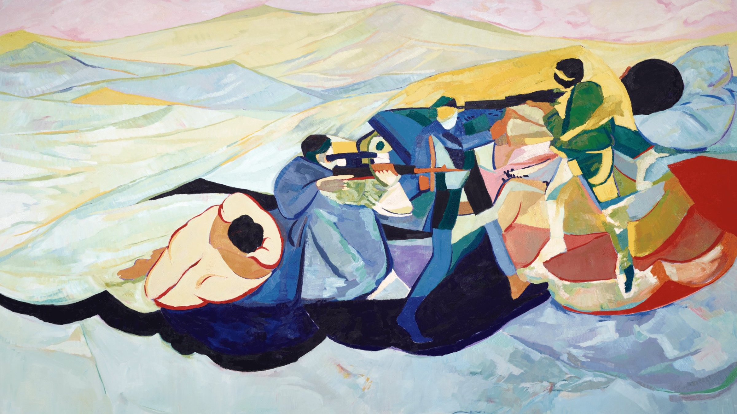 L'image montre une scène stylisée et colorée représentant des figures humaines de manière abstraite. On voit quelques personnages en action, portant des armes, dans un décor qui rappelle des paysages, peut-être montagneux. Les teintes utilisées sont variées, avec des bleus, des verts et des roses, donnant une ambiance dynamique et expressive. Les formes sont fluides et puissantes, soulignant un sentiment de mouvement et d'interaction entre les figures.