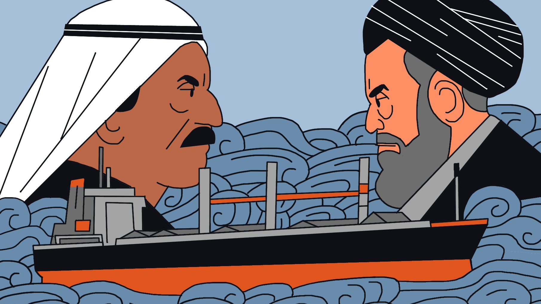 L'image présente deux visages stylisés, l'un portant un keffieh et l'autre un turban, se faisant face dans un environnement marin agité. Entre eux, un bateau de marchandises est représenté, naviguant à travers des vagues. Les expressions des visages sont intenses, suggérant un conflit ou une tension entre les deux personnages. Les couleurs utilisées sont principalement des tons de bleu, blanc, noir et orange, ajoutant à l'aspect graphique de l'illustration.