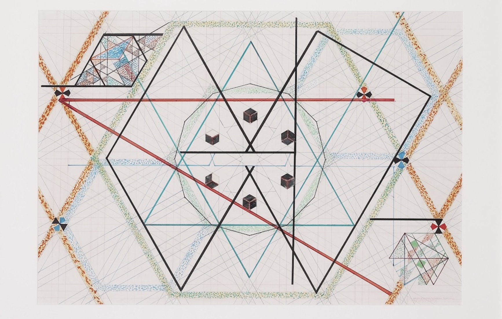 L'image présente un dessin complexe et géométrique, intégrant des formes variées comme des hexagones, des carrés et des lignes droites. On y voit un motif central organisé autour de plusieurs axes, où se croisent des lignes de différentes couleurs, notamment bleu, noir, et rouge. Des cubes et d'autres formes géométriques sont disposés à intervalle régulier, ajoutant de la profondeur et de la dimension au design. L'ensemble crée une composition harmonieuse et symétrique qui attire l'œil grâce à ses détails et son utilisation créative des couleurs et des formes.