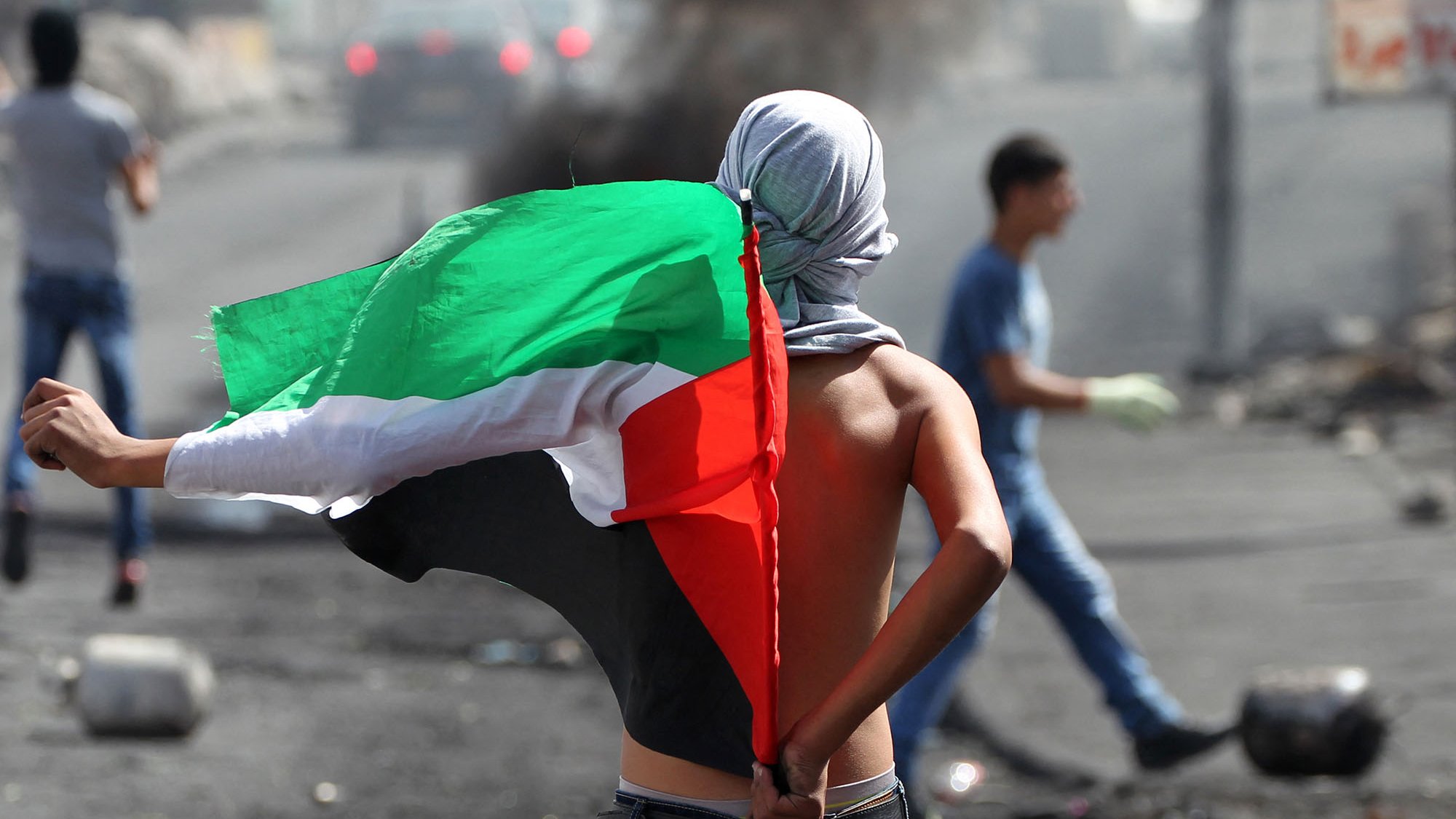 L'image montre une scène de manifestation où un jeune homme, le torse nu, brandit un drapeau palestinien. Il est tourné vers le côté, et son visage est partiellement masqué par un foulard. En arrière-plan, on peut voir d'autres manifestants ainsi que des débris et de la fumée, ce qui suggère une atmosphère de tension et de conflit. Les couleurs du drapeau, noir, rouge, blanc et vert, sont bien visibles.