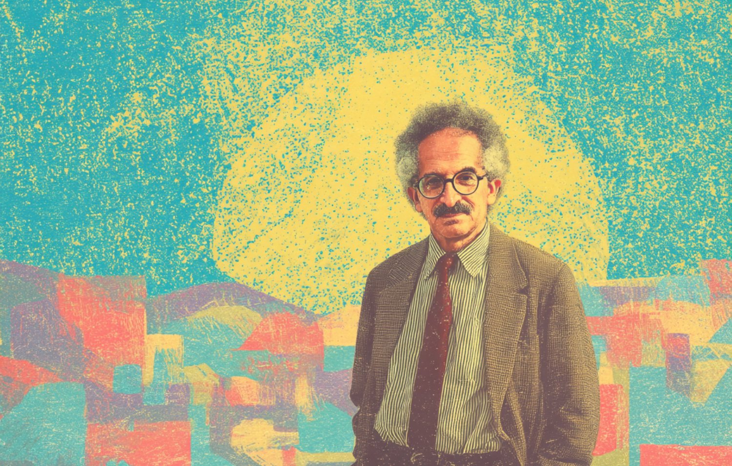 Homme avec des lunettes, veste et cravate, devant un arrière-plan coloré et abstrait.