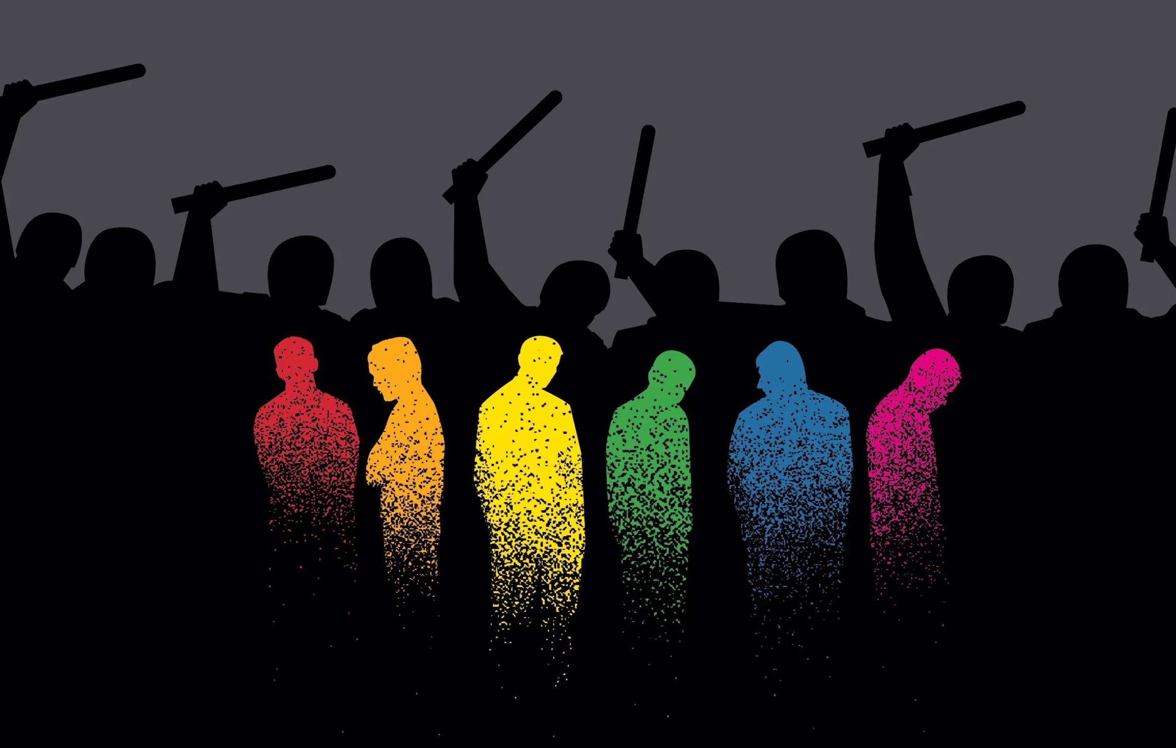 L'image représente une scène avec des silhouettes humaines. À l'arrière-plan, plusieurs figures se tiennent en position haute, brandissant des bâtons, semblant agressives. Au premier plan, il y a un groupe de silhouettes en couleurs dégradées, allant du jaune à l'orange, puis au bleu et au rose. Ces contrastes de couleurs suggèrent une représentation dynamique et visuellement frappante. La composition évoque des thèmes de tension, de conflit ou de résistance. Le fond est sombre, ce qui accentue les silhouettes colorées.