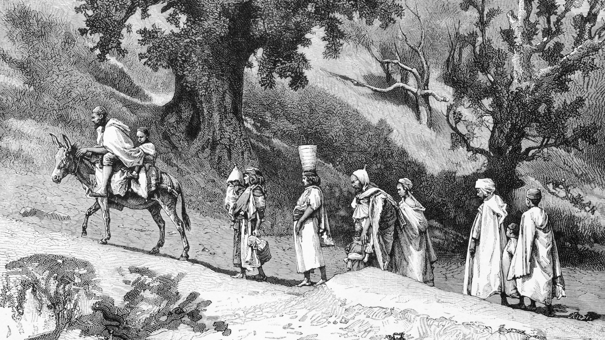 L'image représente une scène en noir et blanc où plusieurs personnages se déplacent sur un chemin. Au premier plan, un homme est assis sur un âne, tandis qu'un autre homme le guide à pied. D'autres figures, habillées de vêtements traditionnels, marchent derrière eux. La végétation environnante est constituée d'arbres, certains dépouillés, suggérant une ambiance peut-être désertique ou rural. L'illustration dégage une atmosphère historique, typique des gravures anciennes.