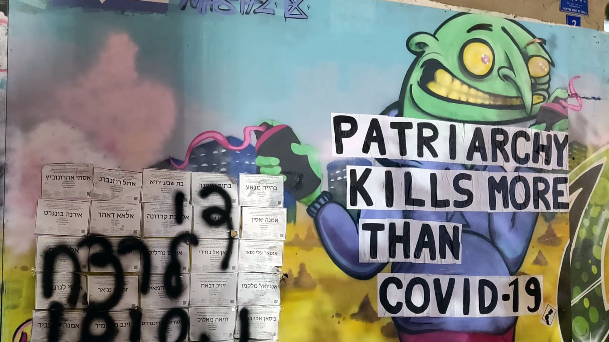L'image représente une fresque murale colorée et expressive. On y voit un personnage caricatural avec une tête de monstre qui semble joyeux, tenant une pancarte sur laquelle il est écrit "PATRIARCHY KILLS MORE THAN COVID-19". À côté, il y a un graffiti en noir qui semble être écrit dans une autre langue. L'ensemble de l'œuvre rassemble des éléments de critique sociale et politique, mêlant humour et un message sérieux sur le patriarcat et la pandémie.