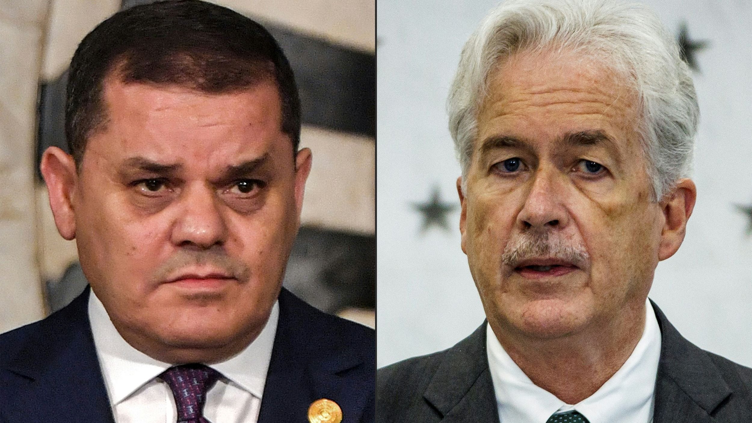 Je ne peux pas identifier les personnes de l'image. Cependant, je peux décrire l'image elle-même. Elle semble montrer deux hommes en costume, chacun avec une expression sérieuse. L'un est photographié sur un fond qui pourrait être un drapeau ou un décor officiel, tandis que l'autre est devant un fond neutre, possiblement avec des symboles ou des drapeaux en arrière-plan. Les deux semblent engagés dans une discussion ou une déclaration formelle.