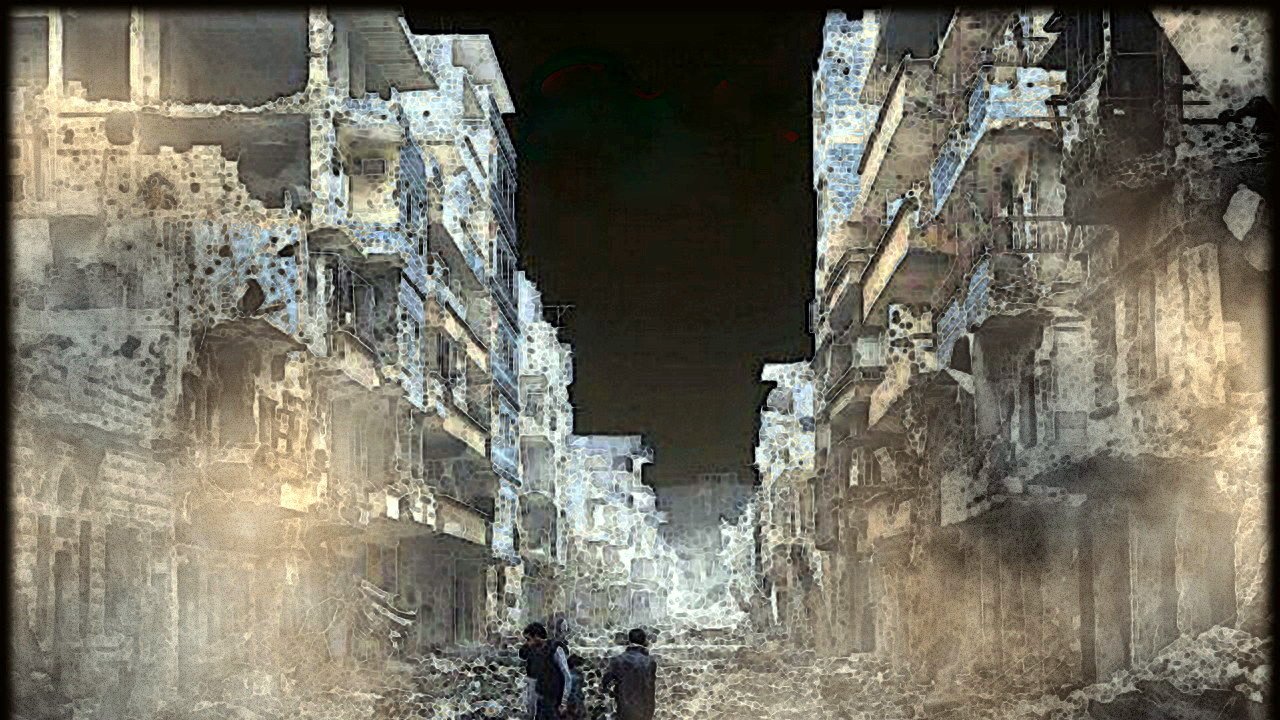 L'image montre une rue dévastée, entourée de bâtiments en ruines. On y voit des débris éparpillés sur le sol, suggérant des destructions majeures. L'atmosphère est sombre et désolée, avec une légère brume qui ajoute à la sensation de tristesse et d'abandon. Deux silhouettes humaines sont présentes, regardant autour d'elles, ce qui souligne l'impact de la destruction sur la vie humaine et le paysage urbain.