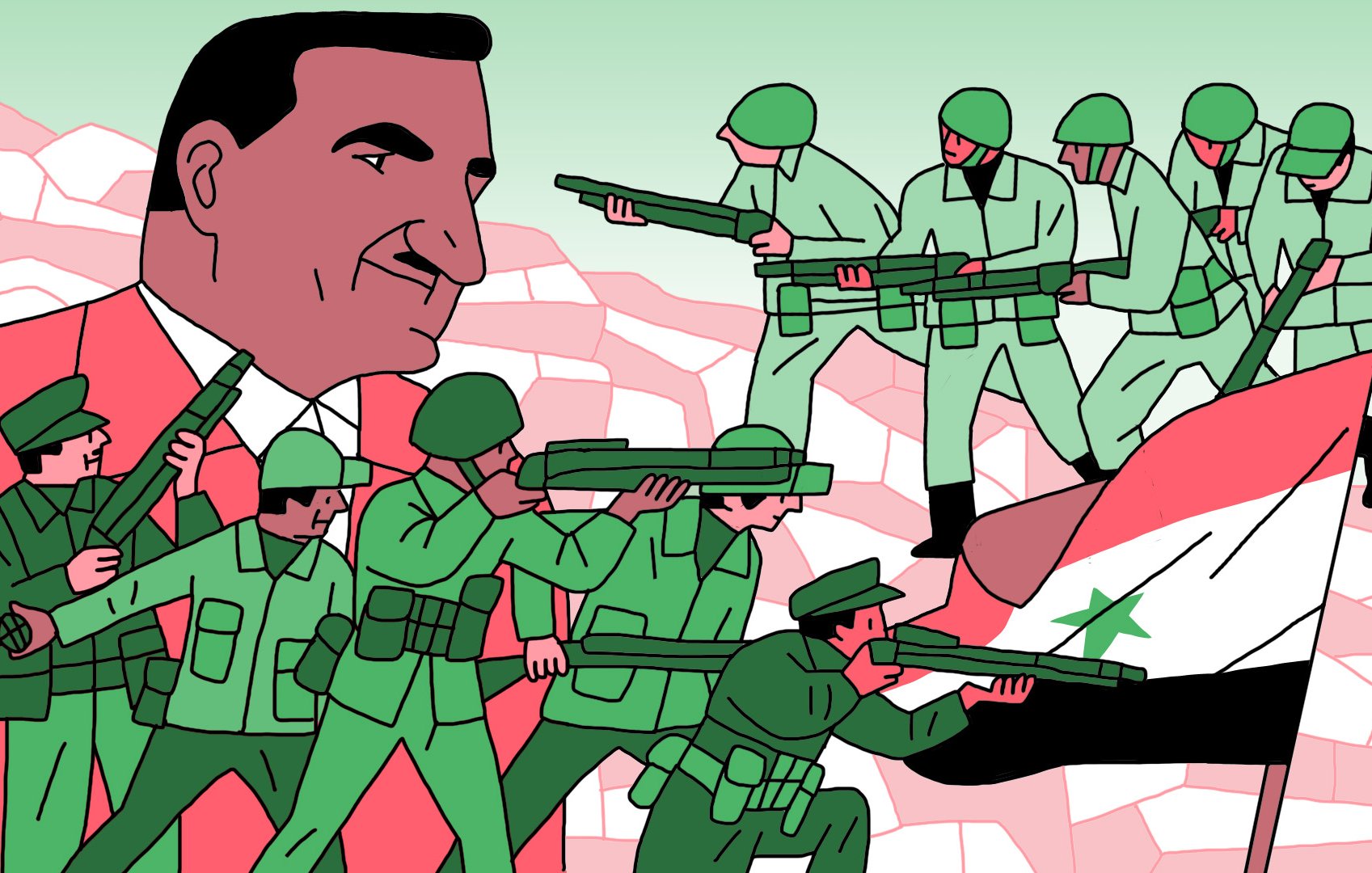 L'image représente une scène illustrée avec un homme en costume rouge, qui semble être un dirigeant, entouré de soldats en uniformes verts. Ces derniers portent des fusils et adoptent des poses militaires, évoquant un contexte de conflit ou de défense. En arrière-plan, le drapeau de la Syrie est visible, ce qui indique une thématique liée à la Syrie. L'ensemble est dessiné dans un style graphique avec des couleurs vives.