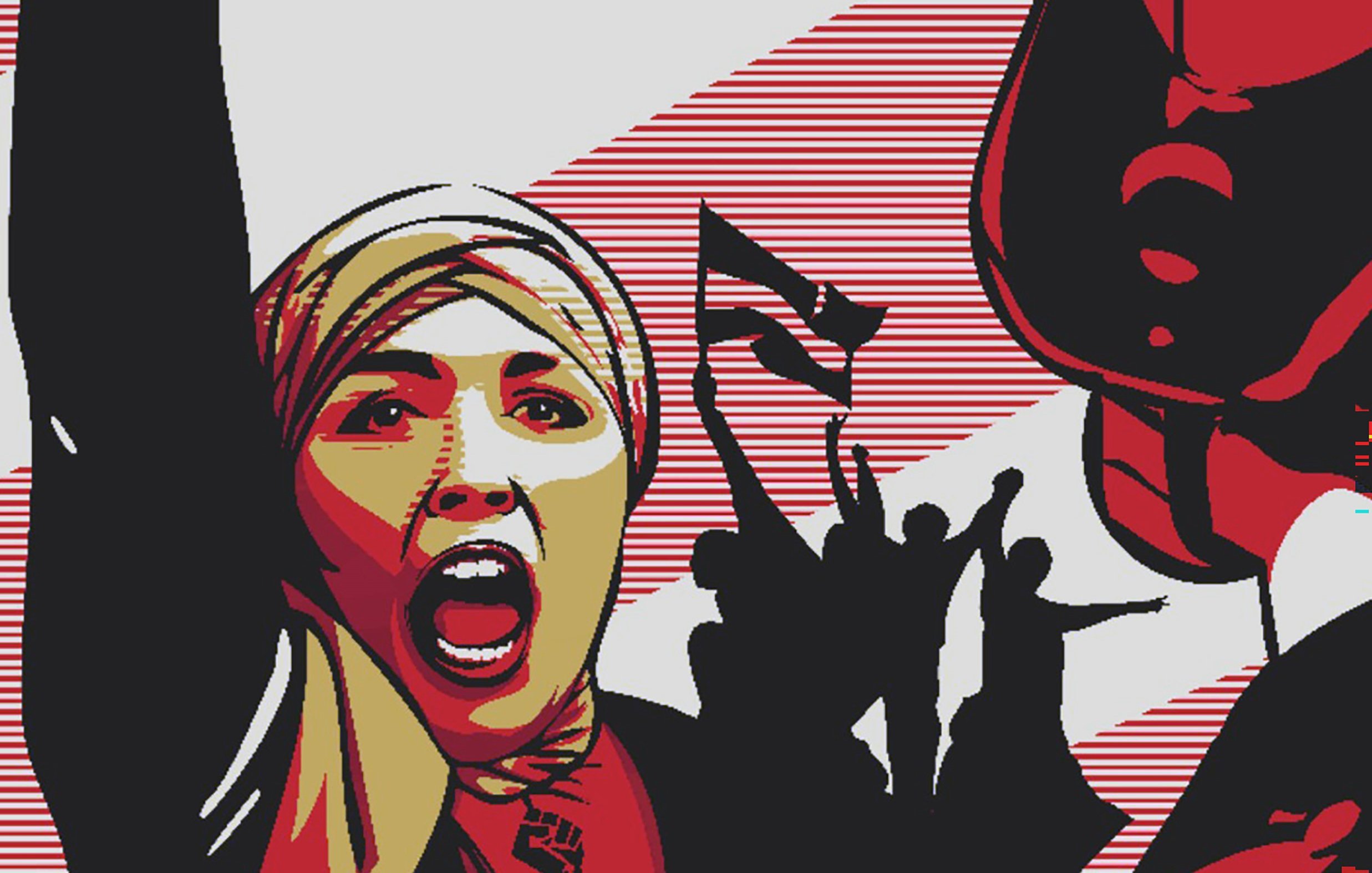 L'image présente une scène dynamique et expressive. Au premier plan, on peut voir une jeune femme levant le poing en l'air, manifestant une forte émotion, probablement de la détermination ou de la révolte. Elle porte un foulard, ce qui peut suggérer un contexte culturel ou politique. En arrière-plan, des silhouettes de personnes semblent défiler, brandissant des drapeaux, créant une atmosphère de protestation ou de mouvement social. Les couleurs dominantes sont le rouge et le noir, ajoutant à l'intensité de la scène. L'ensemble dégage une énergie militante et engagée.