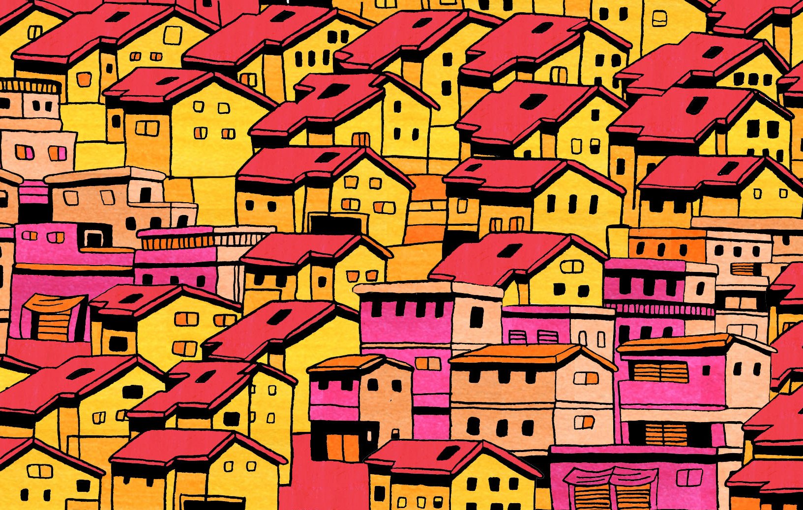 L'image présente un motif coloré de maisons stylisées. Les toits sont principalement rouges, tandis que les murs des maisons varient du jaune au rose et au beige. Les bâtiments sont agencés de manière dense, créant une impression de foule architecturale. Le fond est lumineux et offre un contraste vif entre les couleurs chaudes. L'ensemble dégage une atmosphère dynamique et vivante.