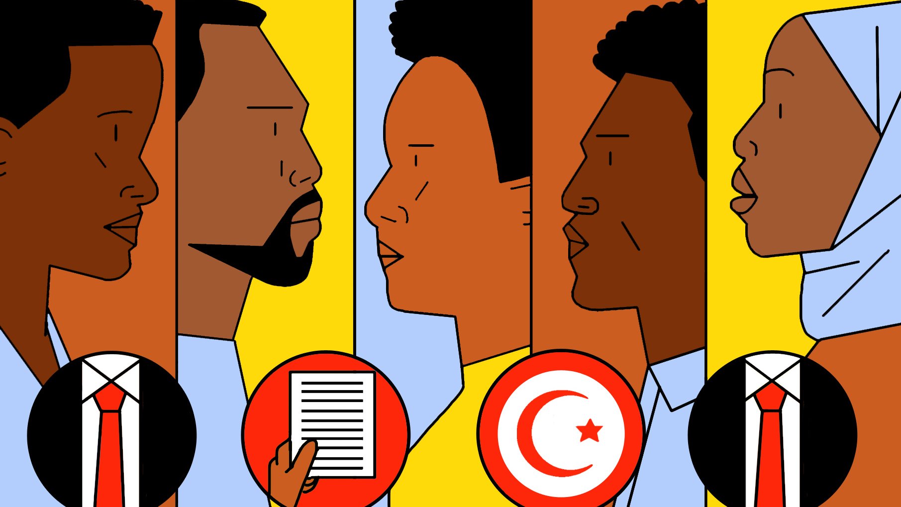 L'image présente une série de profils de personnes, avec des illustrations stylisées et colorées. On y voit deux hommes et deux femmes, chacun d'eux avec une expression sérieuse. Les personnages sont entourés de motifs lumineux en jaune, orange et bleu. Au centre, on trouve des éléments significatifs, comme un document et un symbole représentant la Tunisie, ainsi qu'une cravate dans des icônes. L'ensemble transmet un message sur la diversité et les identités culturelles.