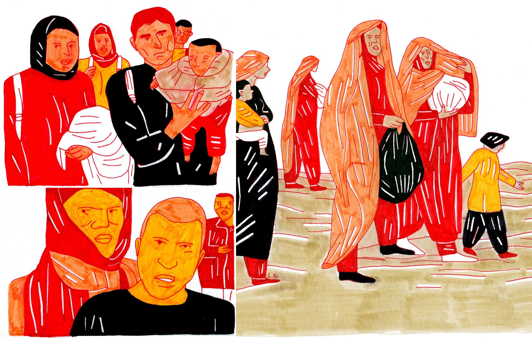 L'image présente des individus dans un style de dessin coloré. On y voit plusieurs personnes, dont certaines portent des enfants. Les personnages ont des expressions qui semblent exprimer des émotions fortes, comme la tristesse ou l'inquiétude. Les couleurs utilisées sont principalement des tons chauds comme le rouge et l'orange, ce qui donne une impression de tension et d'urgence. L'arrière-plan semble représenter un paysage désertique ou une zone difficile, renforçant le contexte probablement dramatique de la scène.