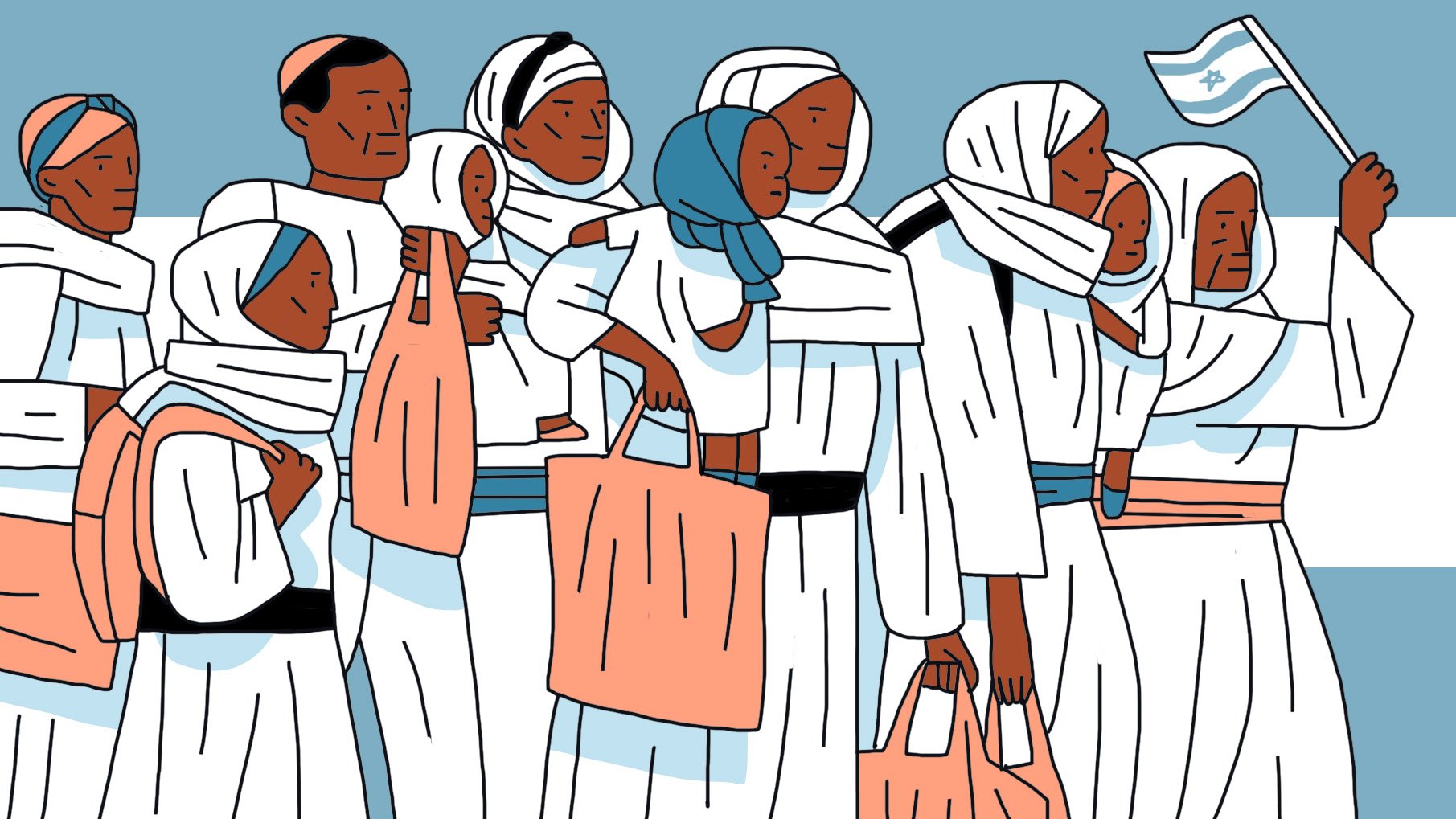 L'image représente un groupe de personnes vêtues de vêtements traditionnels, principalement en blanc, avec des accents colorés. Certaines femmes portent des foulards et des sacs. Le groupe semble se rassembler autour d'un événement, avec une personne tenant un drapeau. L'atmosphère dégage un sentiment de communauté et de solidarité. Le fond est sobre, ajoutant à la concentration sur les personnages.