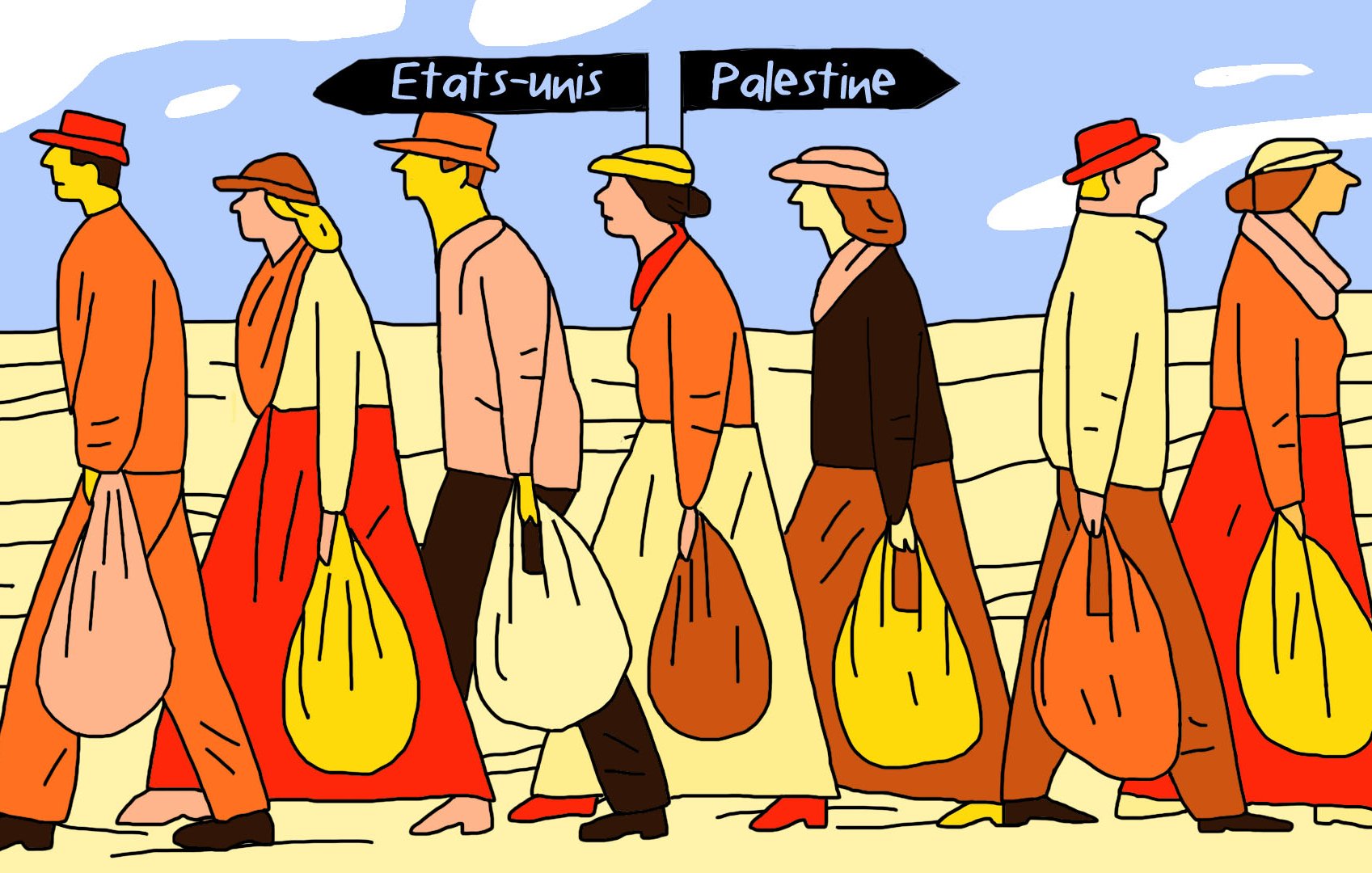 L'image représente une scène de personnes marchant côte à côte, portant de grands sacs. On voit des figures stylisées, avec des couleurs vives et un style graphique simple. Les mots "États-Unis" et "Palestine" sont affichés au-dessus de certains groupes de personnages, suggérant un contraste ou une relation entre ces deux entités. Le fond est désertique, renforçant le sentiment d'un voyage ou d'une migration.