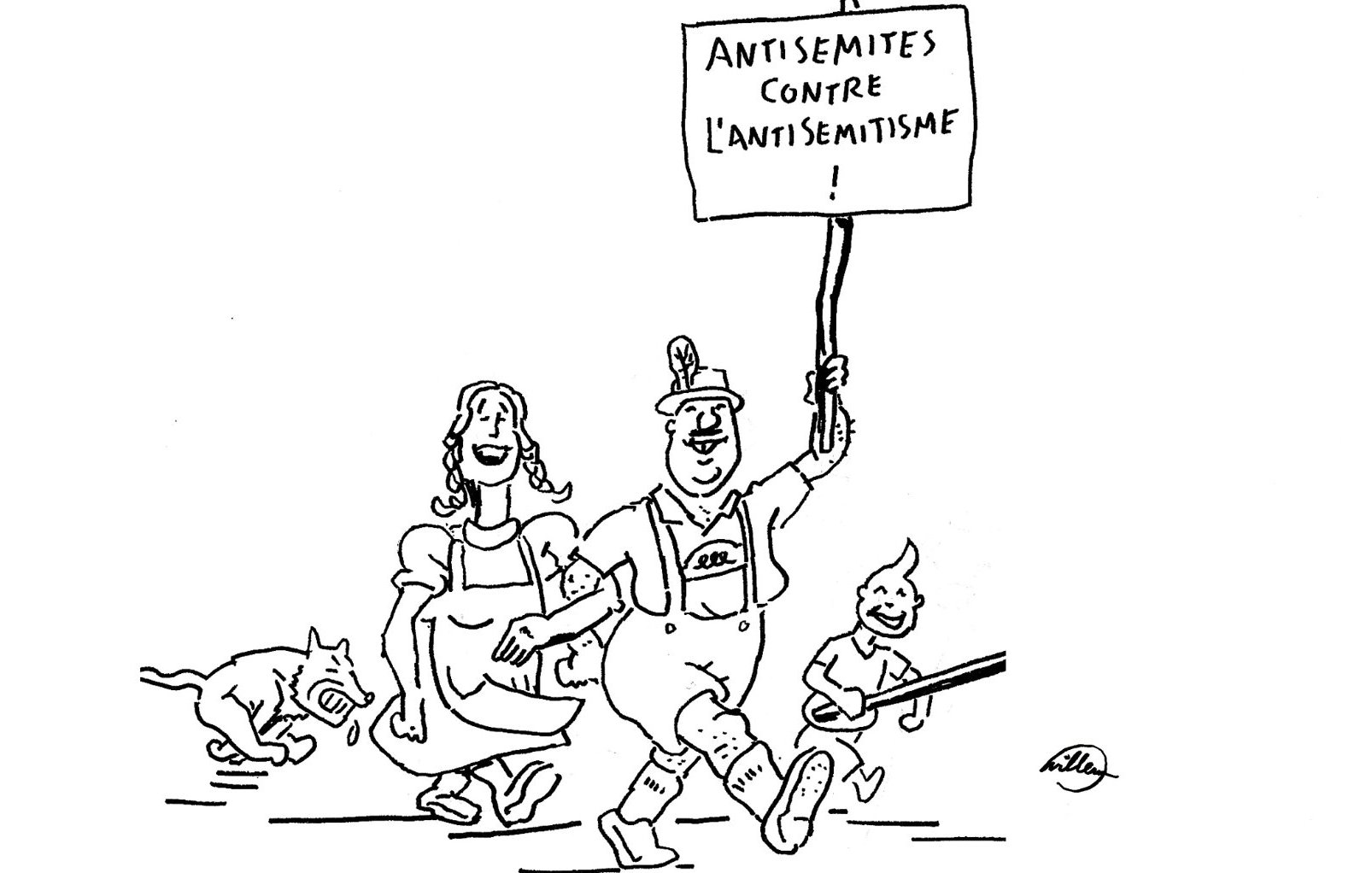 Deux personnes et un chien manifestent avec un panneau "Antisémites contre l'antisémitisme".