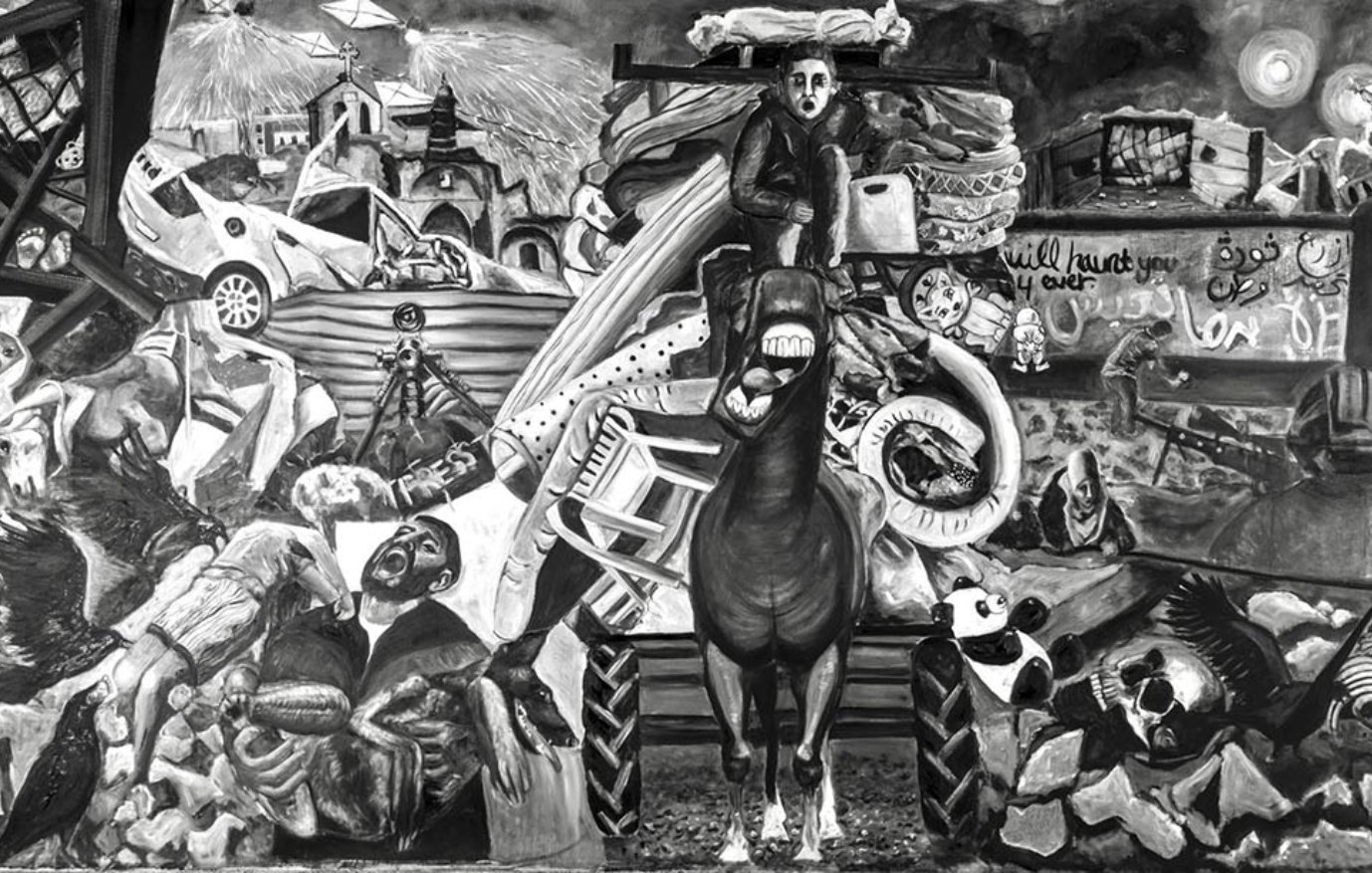 L'image semble représenter une scène complexe et dynamique, dominée par un mélange d'éléments figuratifs et symboliques. Au centre, on peut voir un cheval, qui attire l'attention par sa posture. Autour de lui, il y a une multitude d'objets et de personnages, créant une sorte de chaos visuel. Les formes sont stylisées en noir et blanc, ce qui accentue le contraste et l'intensité de l'œuvre. L'environnement présente des débris, des bâtiments, et des figures humaines, suggérant des thèmes de lutte, de destruction ou de désolation. Les détails montrent des éléments de la vie quotidienne, probablement en lien avec des conflits ou des bouleversements sociaux. L'ensemble de la composition pourrait évoquer des réflexions sur la condition humaine, l'impact de la guerre ou des crises, tout en mettant en avant la résilience symbolisée par le cheval.