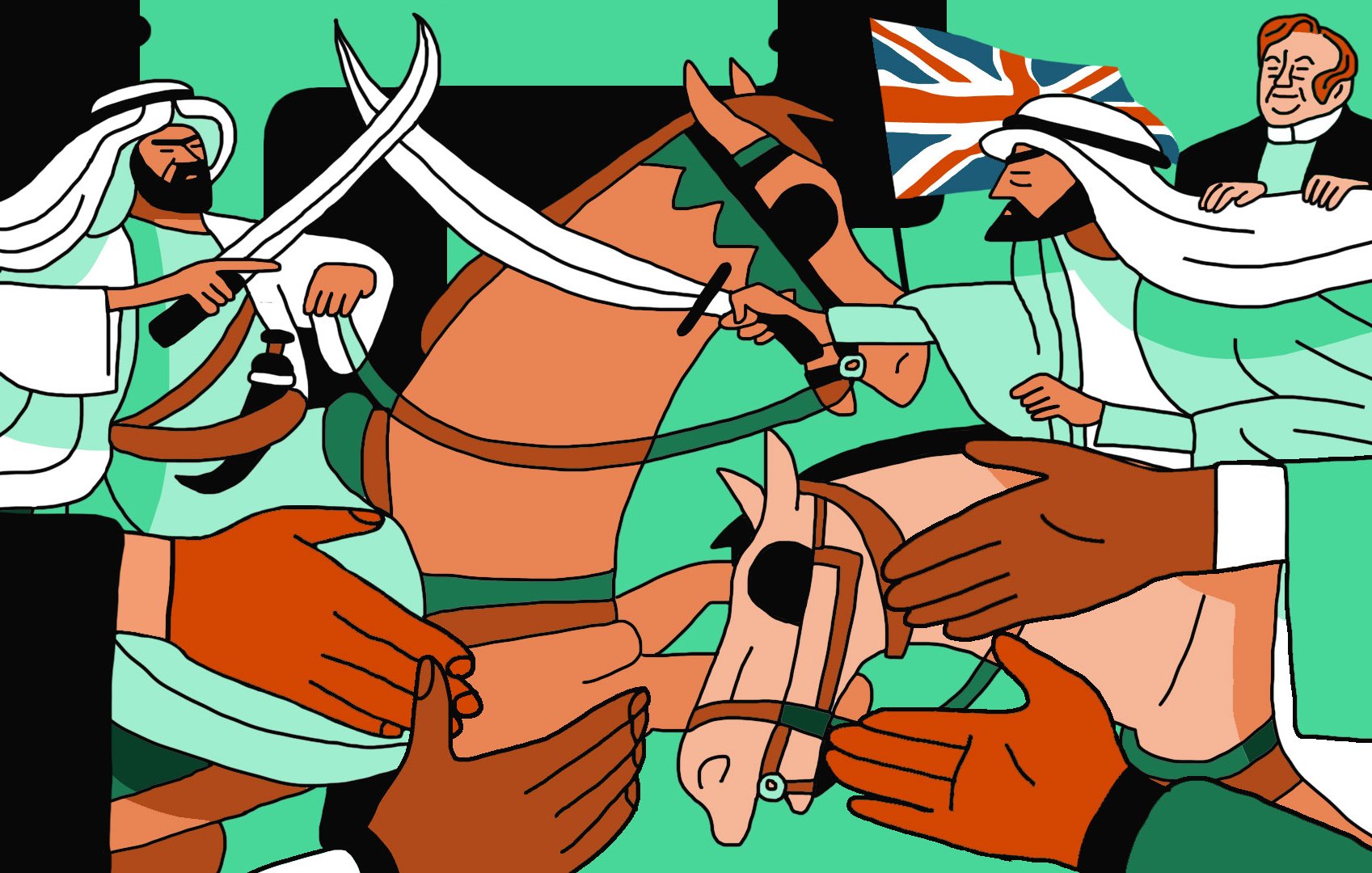 L'image montre une scène dynamique avec des cavaliers montés sur des chevaux. Les cavaliers portent des vêtements traditionnels et brandissent des épées. À l'arrière-plan, on peut apercevoir un drapeau britannique. Des mains se rejoignent au centre de l'image, symbolisant peut-être une collaboration ou un échange culturel. Les couleurs sont vives et créent une ambiance énergique.