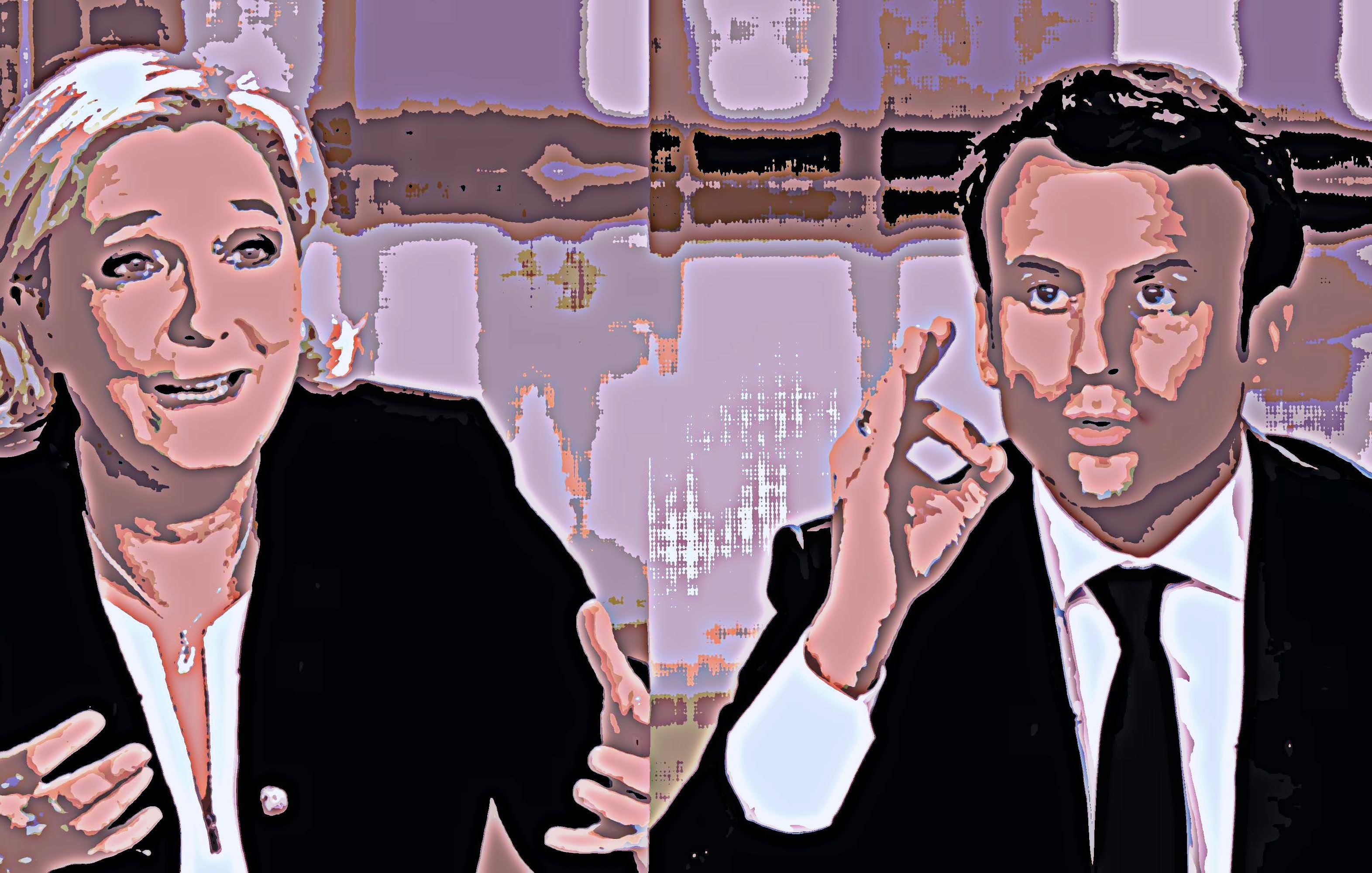 L'image montre deux personnes en train de discuter. À gauche, une femme souriante semble s'exprimer avec enthousiasme, tandis qu'à droite, un homme en costume adopte une posture attentive, peut-être en train de réagir à ce qui est dit. L'arrière-plan est flou et neutre, ce qui met l'accent sur les deux interlocuteurs. L'atmosphère de la scène indique un échange dynamique, probablement lié à un débat ou une discussion politique.