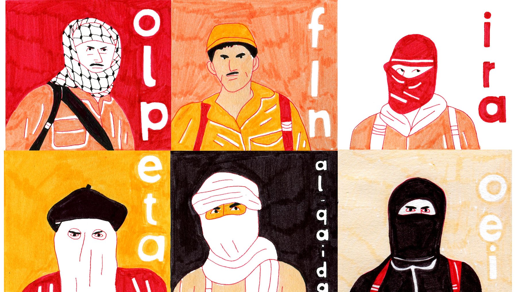 L'image présente un collage de portraits stylisés de personnages portant des vêtements traditionnels, souvent associés à des groupes de militants. Chaque personnage est dessiné dans un style graphique avec des arrière-plans de couleurs différentes (rouge, orange, noir, etc.). Les mots "al-Qaïda" et d'autres lettres sont intégrés dans la composition, évoquant des références à des thématiques liées à la guerre et au terrorisme. L'image semble jouer sur des stéréotypes visuels et évoque des contextes politiques ou sociaux complexes.
