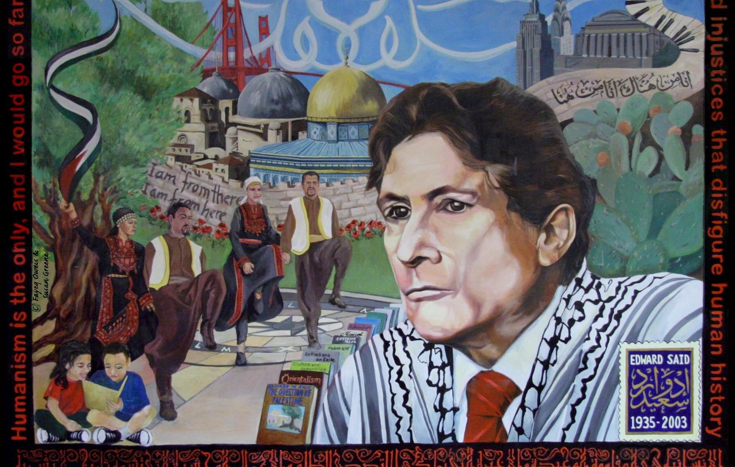 L'image présente une œuvre d'art qui combine divers éléments symboliques et culturels. Au centre, on peut voir un portrait d'homme avec une expression sérieuse, possiblement un intellectuel ou un militant. En arrière-plan, il y a des paysages emblématiques, tels que des bâtiments connus et des monuments. Des motifs et des écritures arabes enrichissent la composition, ajoutant de la profondeur culturelle. Le tout semble évoquer des thèmes liés aux droits de l'homme, à la résistance et à l'identité culturelle. Des figures humaines en costume traditionnel ajoutent une dimension historique à l'ensemble.