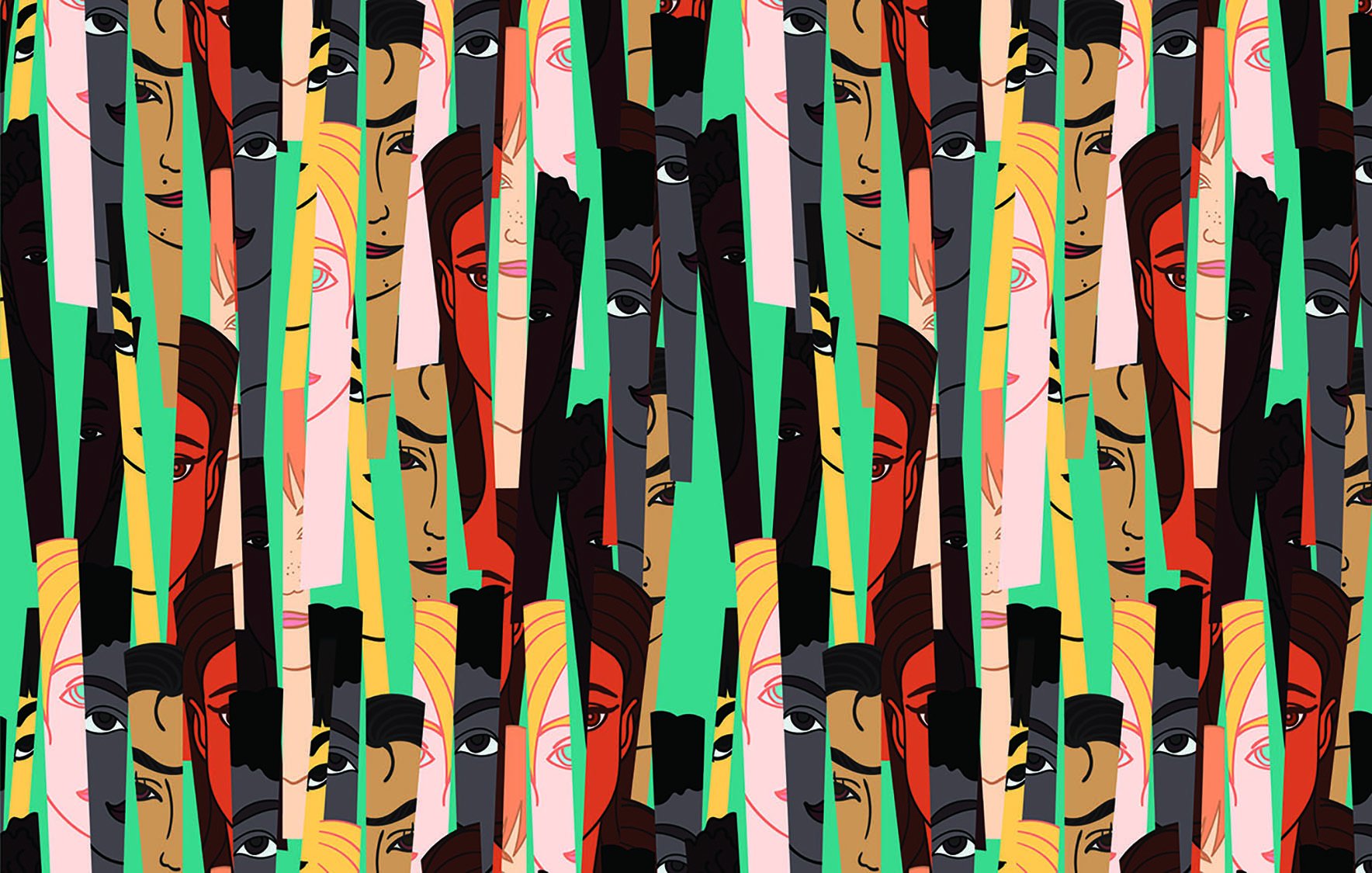 L'image présente un motif vibrant et coloré, composé de visages stylisés et abstraits. Les têtes de différentes couleurs et expressions sont disposées de manière répétitive, créant une texture visuelle intéressante. Les teintes variées, allant des rouges aux jaunes et verts, apportent une dynamique à l'ensemble, tandis que les traits des visages rendent cette composition à la fois captivante et artistique. Les éléments graphiques donnent une impression de mouvement et d'énergie.