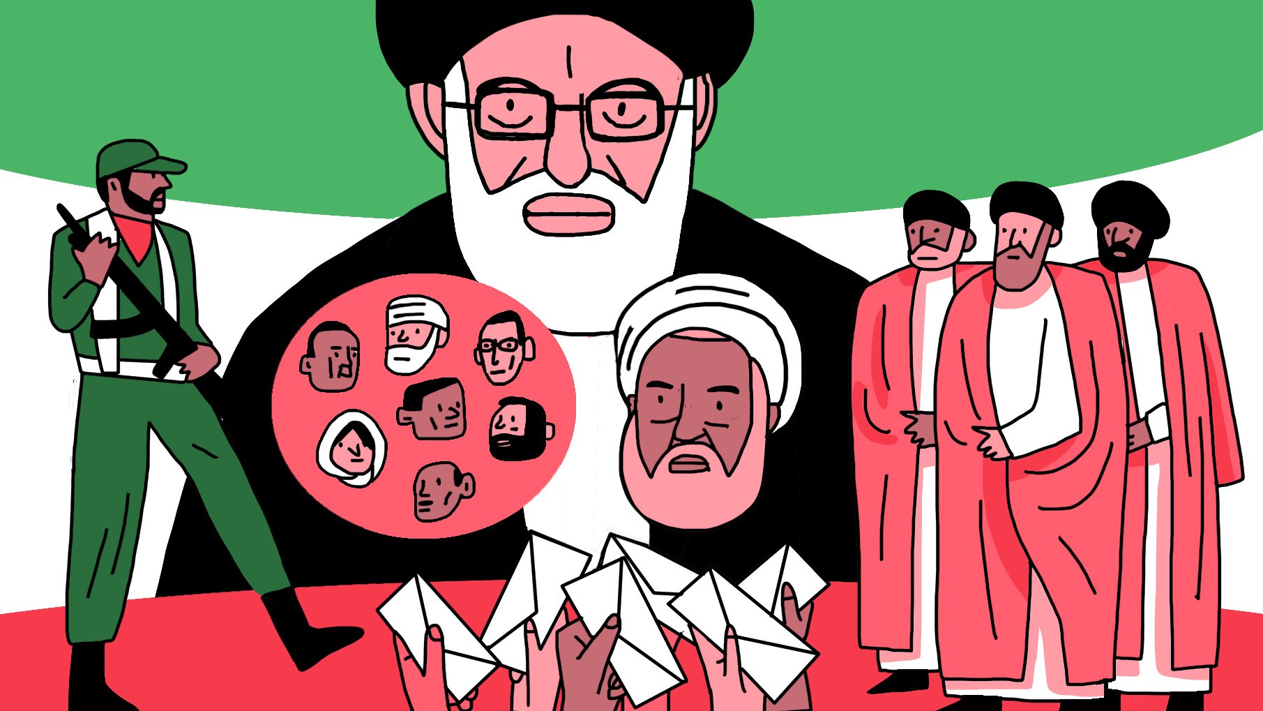 L'image présente une composition graphique où l'on peut voir un personnage central, probablement un leader religieux, entouré de divers éléments symboliques. À gauche, un homme armé symbolise la force militaire, tandis qu'à droite, un groupe de personnes se tient debout, suggérant une assemblée ou un rassemblement. Au centre, une série de visages, représentés dans un cercle, pourrait faire référence à différentes figures ou membres d'un groupe. L'arrière-plan utilise des couleurs vives, ajoutant une dimension dramatique à l'ensemble de la scène. La composition évoque des thèmes de pouvoir, d'autorité et de représentation.