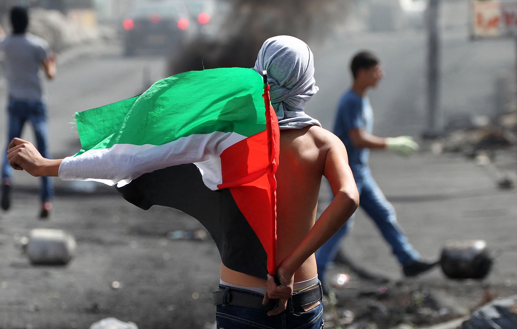L'image montre une scène de manifestation où un jeune homme, le torse nu, brandit un drapeau palestinien. Il est tourné vers le côté, et son visage est partiellement masqué par un foulard. En arrière-plan, on peut voir d'autres manifestants ainsi que des débris et de la fumée, ce qui suggère une atmosphère de tension et de conflit. Les couleurs du drapeau, noir, rouge, blanc et vert, sont bien visibles.