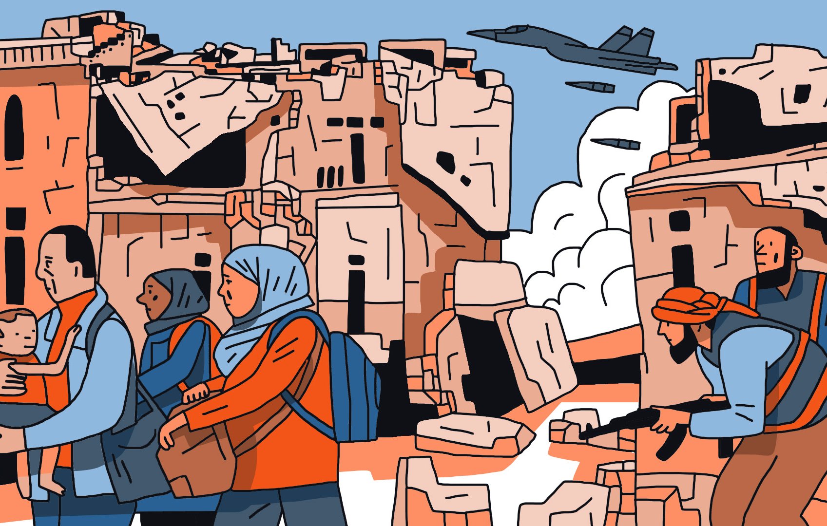 L'image représente une scène de conflit et de détresse. On y voit un groupe de personnes, dont une femme portant un enfant, en train de marcher à travers des ruines. Ils semblent fuyants, avec des expressions préoccupées. À l'arrière-plan, des bâtiments en désordre et détruits montrent les conséquences de la guerre. On aperçoit également un avion militaire au ciel, ajoutant à l'ambiance de tension. Une autre personne est armée, surveillant les environs. La palette de couleurs évoque un sentiment de désolation et de gravité.