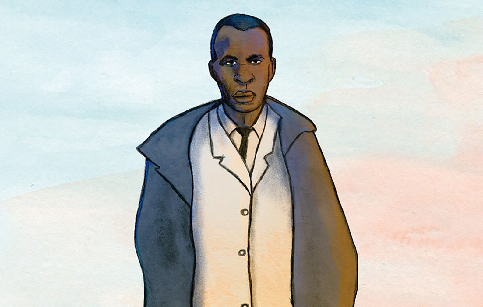 L'image représente un homme marchant, vêtu d'un long manteau sombre et d'une chemise claire. Son expression est sérieuse et déterminée. L'arrière-plan présente des teintes douces à pastel, évoquant une atmosphère calme. La silhouette de l'homme projette une ombre qui renforce son allure imposante. Cette image a une qualité artistique, suggérant une histoire ou un thème profond.