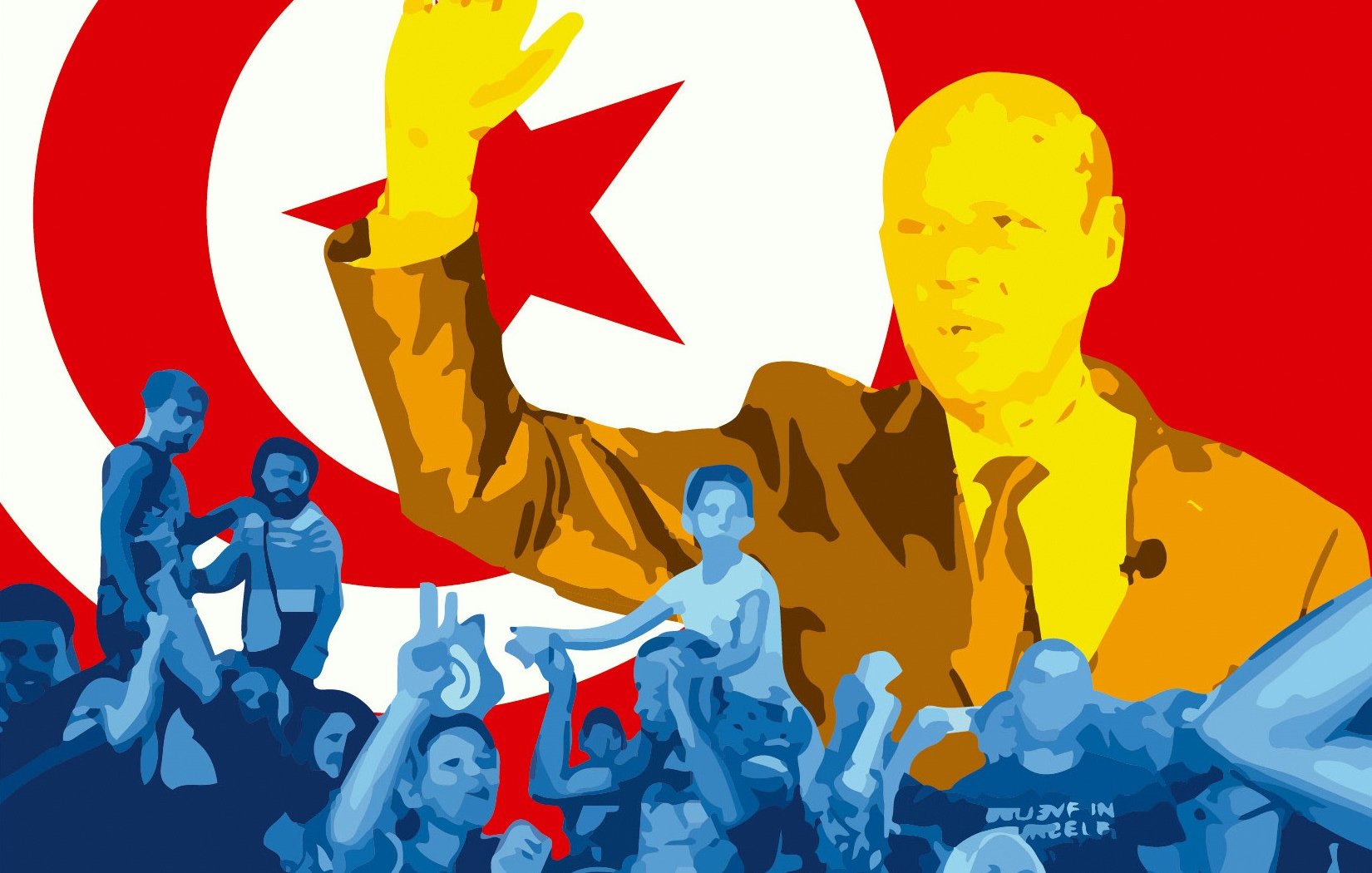 L'image représente une scène vibrante avec des couleurs vives. En arrière-plan, on voit le drapeau tunisien, affichant son étoile et son croissant emblématiques sur un fond rouge. Au premier plan, une figure centrale semble saluer, ajoutant une dynamique au tableau. Des silhouettes de personnes expriment des émotions de joie et d'engagement, ce qui suggère un moment de rassemblement ou de célébration. L'ensemble de la composition évoque un sentiment d'unité et de patriotisme.