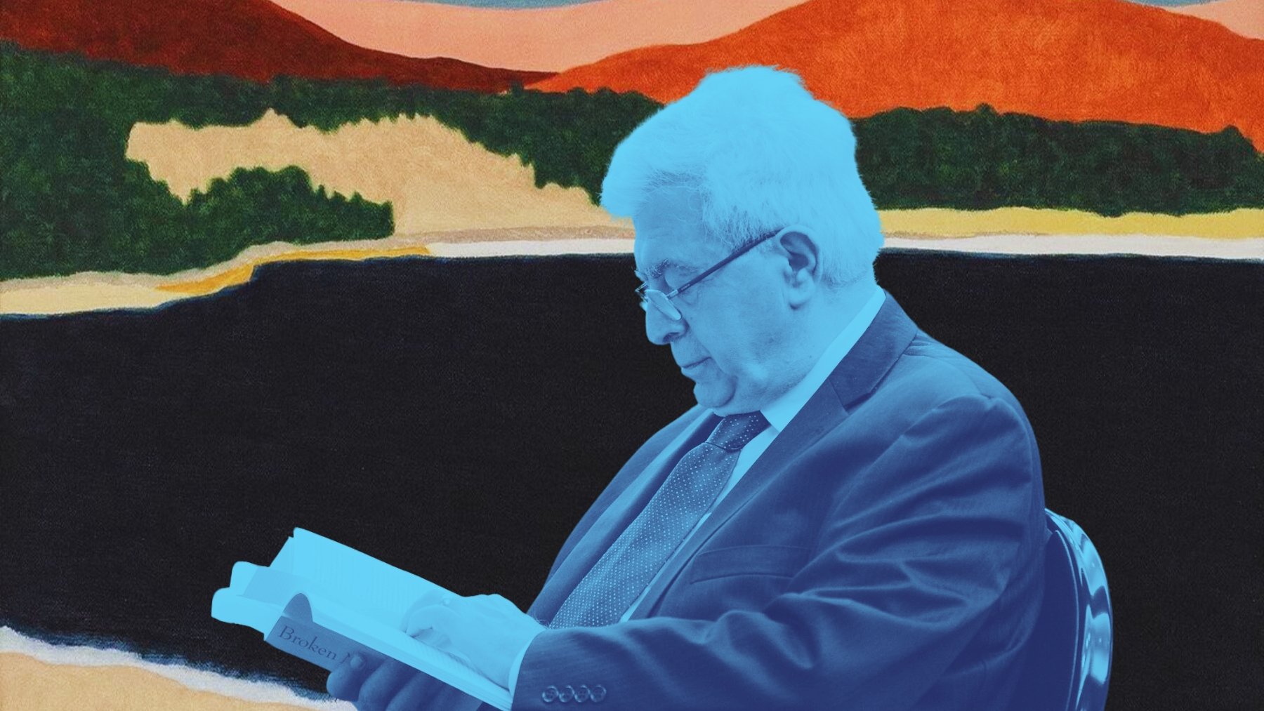 L'image présente un homme assis, plongé dans la lecture d'un livre. Il est habillé de manière formelle, portant un costume et une cravate. L'arrière-plan est artistique, mettant en valeur un paysage stylisé avec des collines colorées et un ciel abstrait. Les teintes de l'image ont été modifiées pour donner un effet de teinte bleue sur l'homme et le livre, créant un contraste avec les couleurs chaudes de l'arrière-plan.