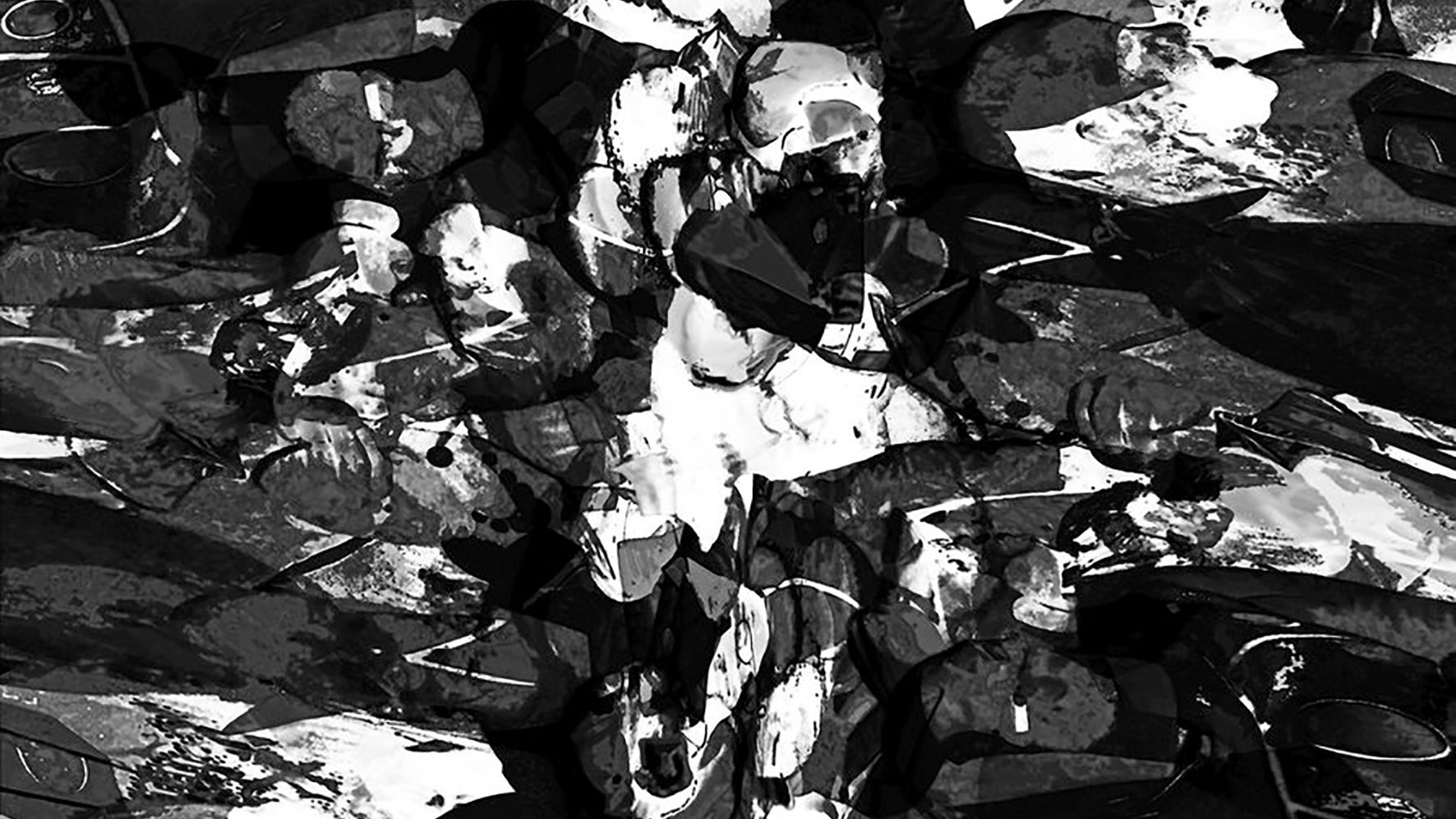 Cette image présente une composition abstraite en noir et blanc. On y trouve des formes tourbillonnantes et des textures variées, créant un effet de profondeur et de mouvement. Les contrastes entre les zones sombres et lumineuses ajoutent à la complexité visuelle, tandis que les motifs semblent se fondre les uns dans les autres, conférant une ambiance mystérieuse à l'ensemble.