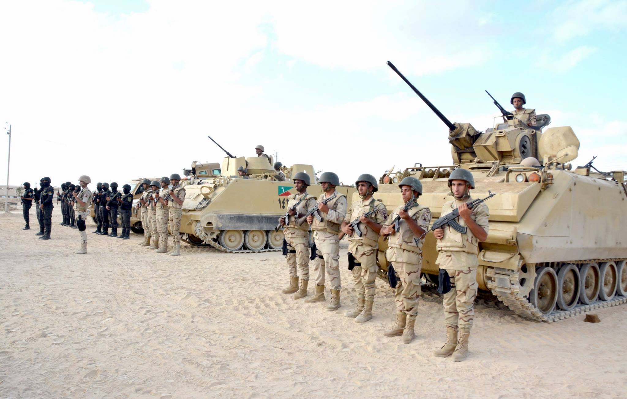 L'image montre une formation militaire dans un environnement désertique. Au premier plan, des soldats en uniforme, armés et en position de garde, se tiennent alignés. En arrière-plan, on aperçoit plusieurs véhicules blindés, dont certains sont équipés de tourelles. Le ciel est clair, et le sol est sablonneux, typique des zones désertiques. Les soldats semblent concentrés et prêts pour une mission.