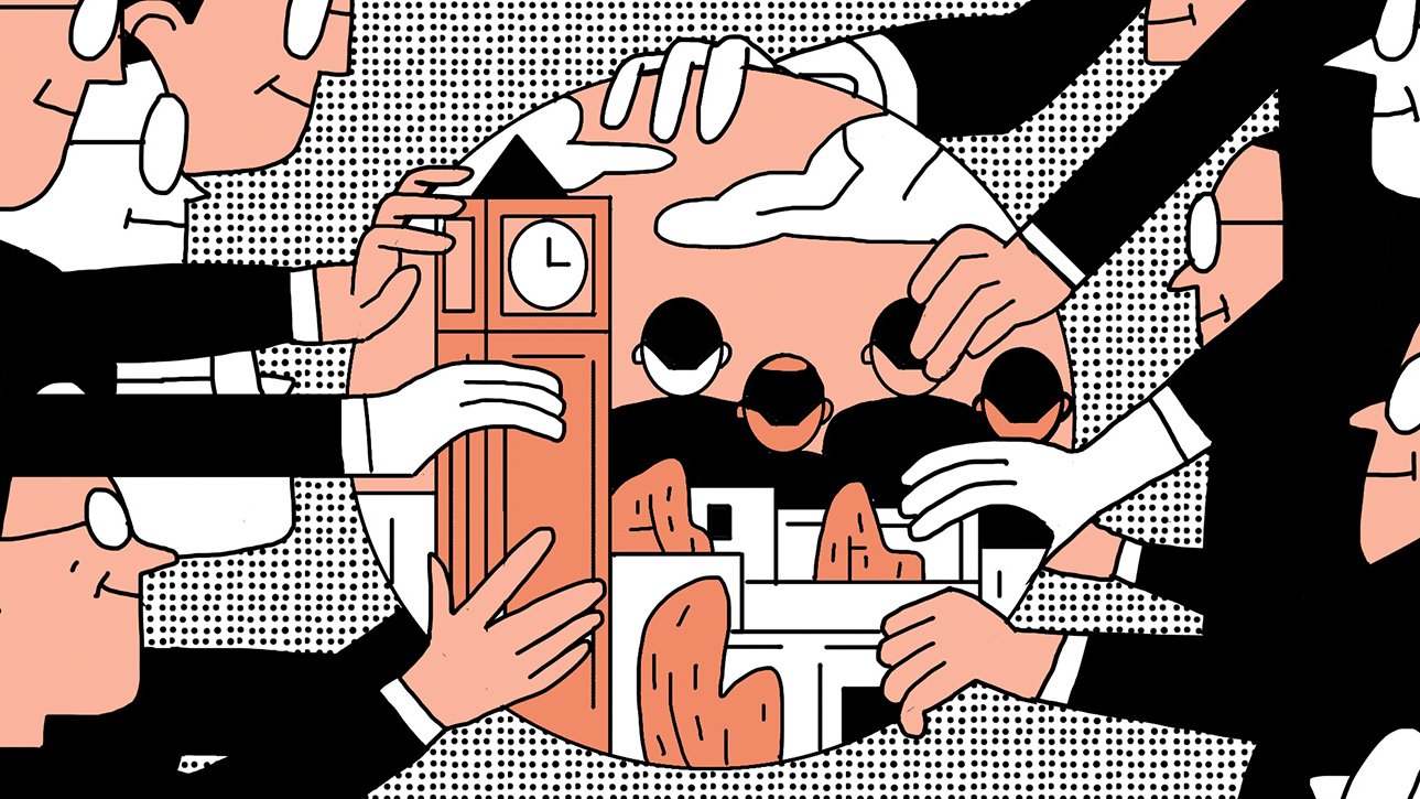 L'image représente un groupe de personnes stylisées, avec des costumes noirs et des lunettes, qui entourent un cercle central. Dans ce cercle, on peut voir des éléments architecturaux, probablement des monuments, ainsi que des montagnes en arrière-plan. Les personnages semblent interagir avec cet espace central, comme s'ils essayaient de le protéger ou de le transférer. Le tout est dessiné dans un style graphique avec des couleurs douces, notamment du rose, du noir et du blanc, et avec des nuages dans le fond.