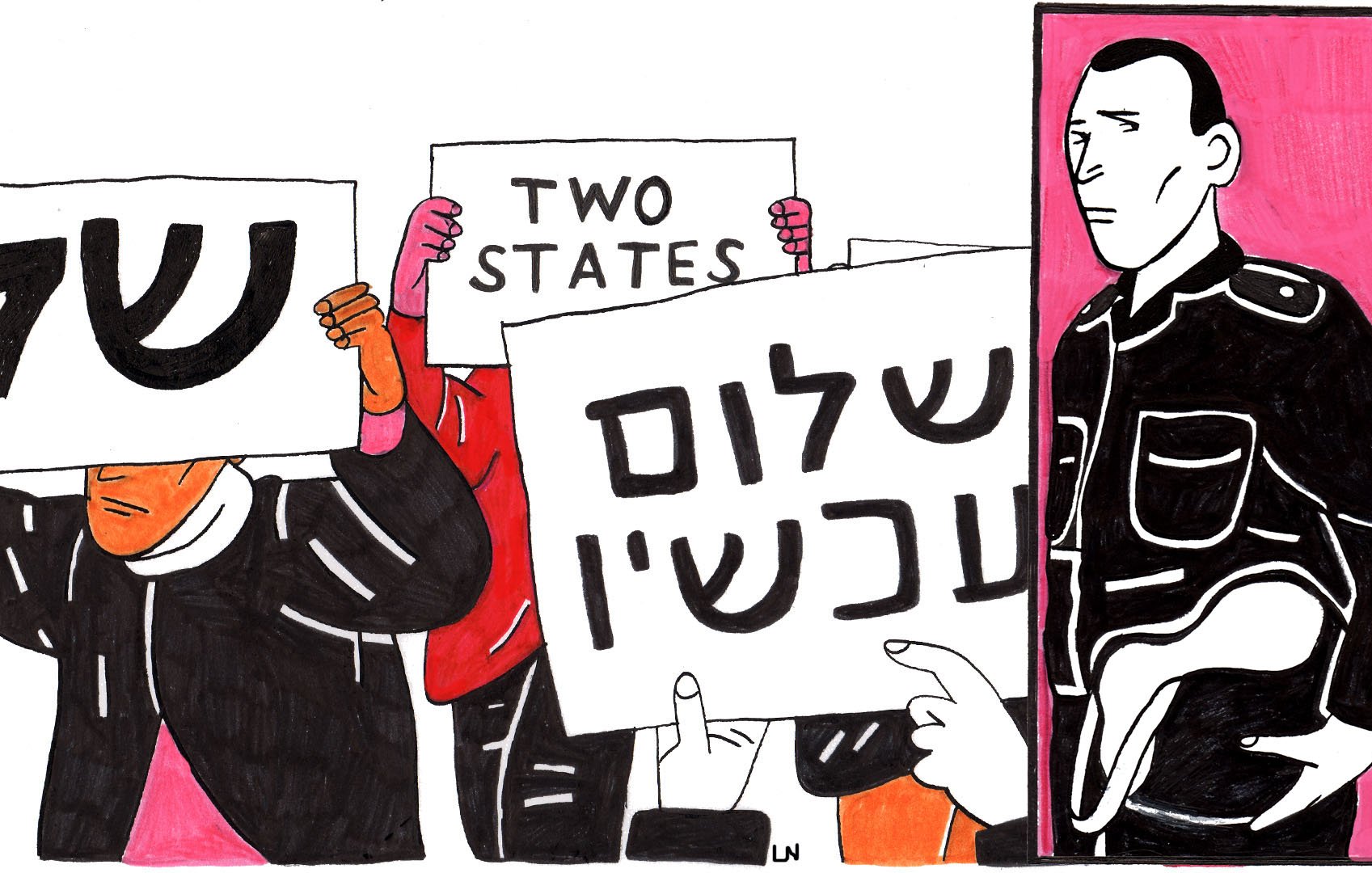 L'image présente des manifestants tenant des pancartes. Certains messages incluent "Two States" en anglais, tandis que d'autres sont en hébreu. À côté des manifestants, on voit une figure qui semble être un policier ou un agent des autorités, observant la situation. Les couleurs sont vives, avec un fond rose qui contraste avec les vêtements principalement en noir et blanc des personnages. L'ambiance de l'image semble évoquer des tensions ou des revendications politiques.