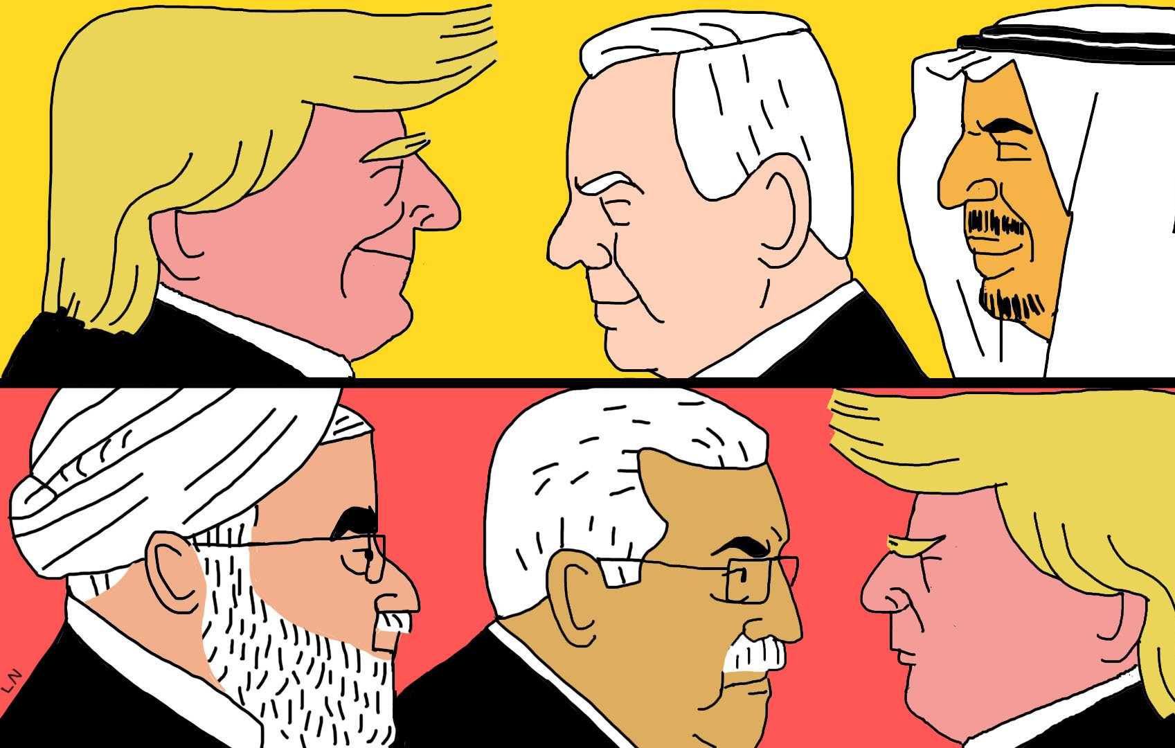 L'image présente une illustration divisée en deux parties. La partie supérieure montre des visages de plusieurs leaders politiques avec un fond jaune, tandis que la partie inférieure les montre sur un fond rouge. On y voit une confrontation entre différentes figures symboliques, probablement des dirigeants de pays, avec des expressions sérieuses. Cette représentation semble évoquer des relations diplomatiques tendues et des enjeux politiques.