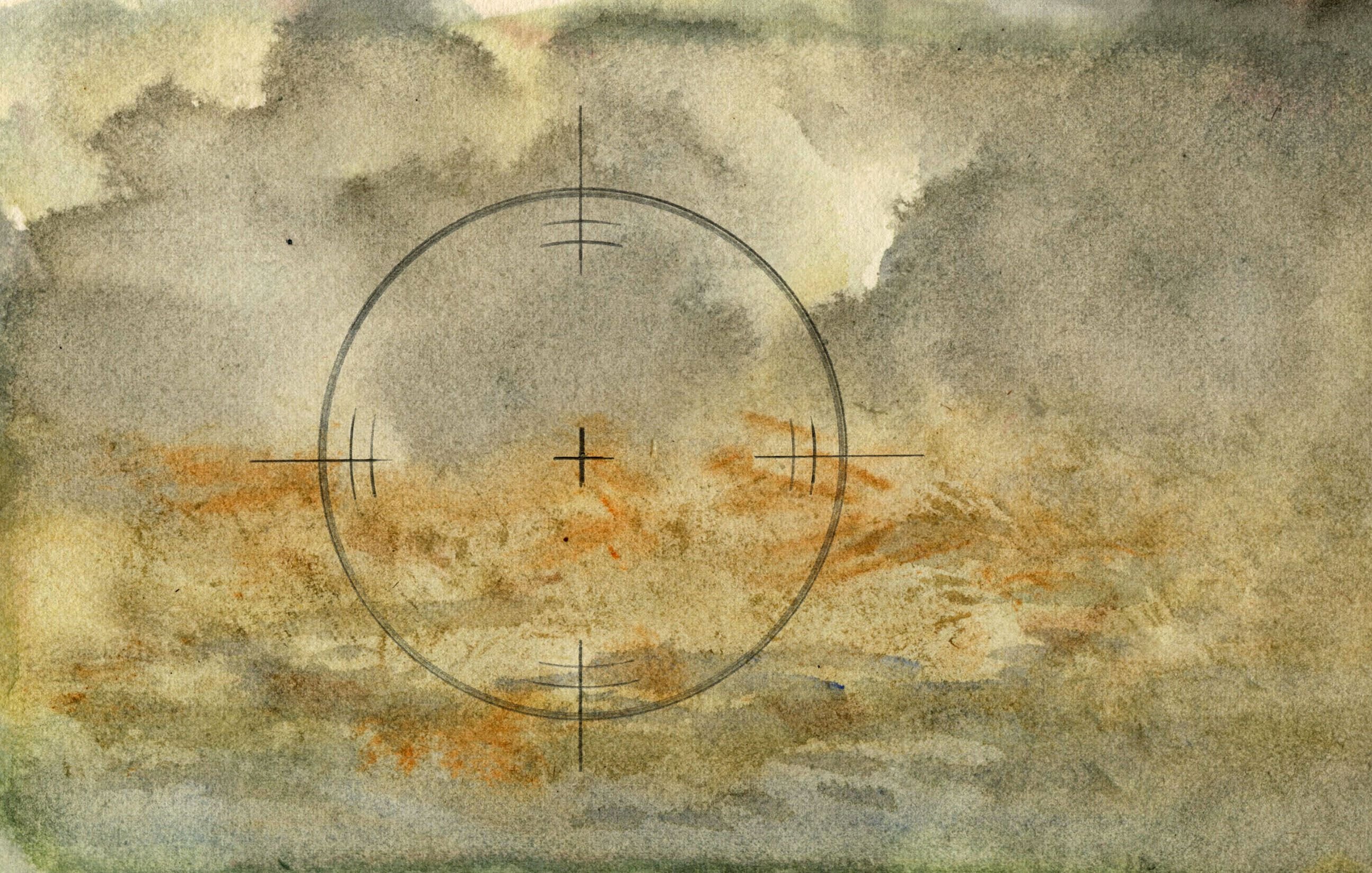 L'image présente une scène peinte à l'aquarelle, où des nuages gris se mêlent à des teintes plus chaudes comme le beige et l'orange, suggérant une atmosphère dramatique ou mélancolique. Au centre, un motif circulaire avec des lignes de visée, semblable à un viseur, attire l'œil, créant un effet de focalisation sur le paysage. Les couleurs douces et les textures fluides de l'aquarelle donnent un aspect délicat à l'ensemble.