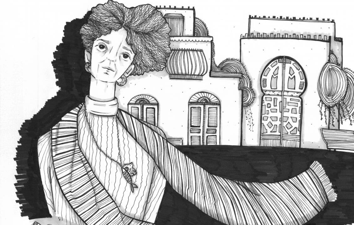 L'image représente une illustration en noir et blanc d'une femme avec des cheveux volumineux. Elle porte un pull ou un haut rayé et un châle drapé sur ses épaules. En arrière-plan, on aperçoit des bâtiments au style architectural distinct, avec des fenêtres élaborées et des éléments décoratifs. L'ensemble donne une ambiance à la fois artistique et contemplative. Les contrastes entre les zones noires et blanches ajoutent de la profondeur à l'œuvre.