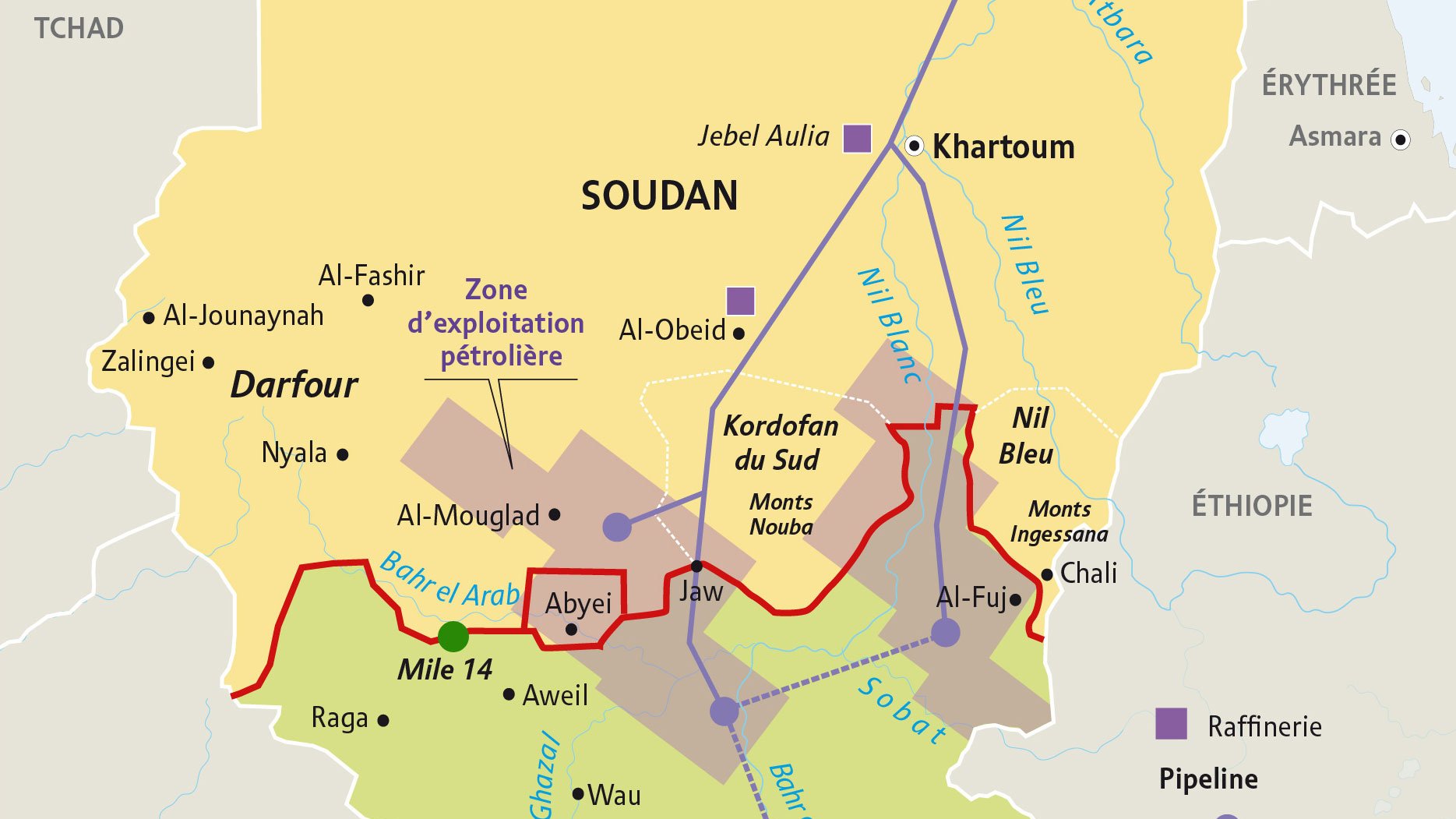 Cette image est une carte du Soudan, divisée en plusieurs régions clés. Elle montre différentes zones telles que le Darfour et le Soudan du Sud. On y trouve également des zones d'exploitation pétrolière, ainsi que des villes importantes comme Khartoum, Juba, et El-Fasher. Des routes et des frontières sont indiquées, notamment la ligne rouge qui délimite certaines zones. La légende précise les différentes zones et leur classification.