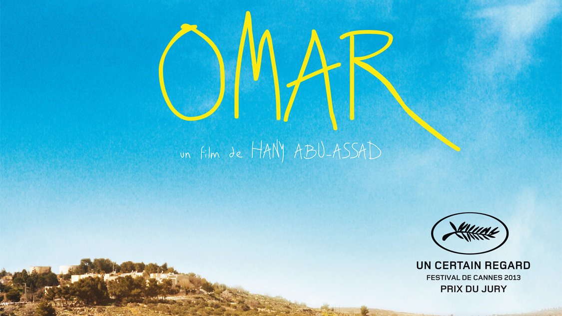 L'image présente une affiche de film intitulée "Omar". En haut, il y a une mention "par le réalisateur de PARADISE NOW", suivie du titre "OMAR" écrit en lettres stylisées. Au bas de l'affiche, on trouve des indications sur le film, notamment "un film de Hany Abu-Assad" et des détails sur le festival de Cannes 2013, avec la mention "UN CERTAIN REGARD" et "PRIX DU JURY". En arrière-plan, on aperçoit un mur, probablement le mur de séparation, recouvert de graffitis. Les couleurs de l'image sont terreuses, évoquant un paysage aride et chargé de significations sociales et politiques.