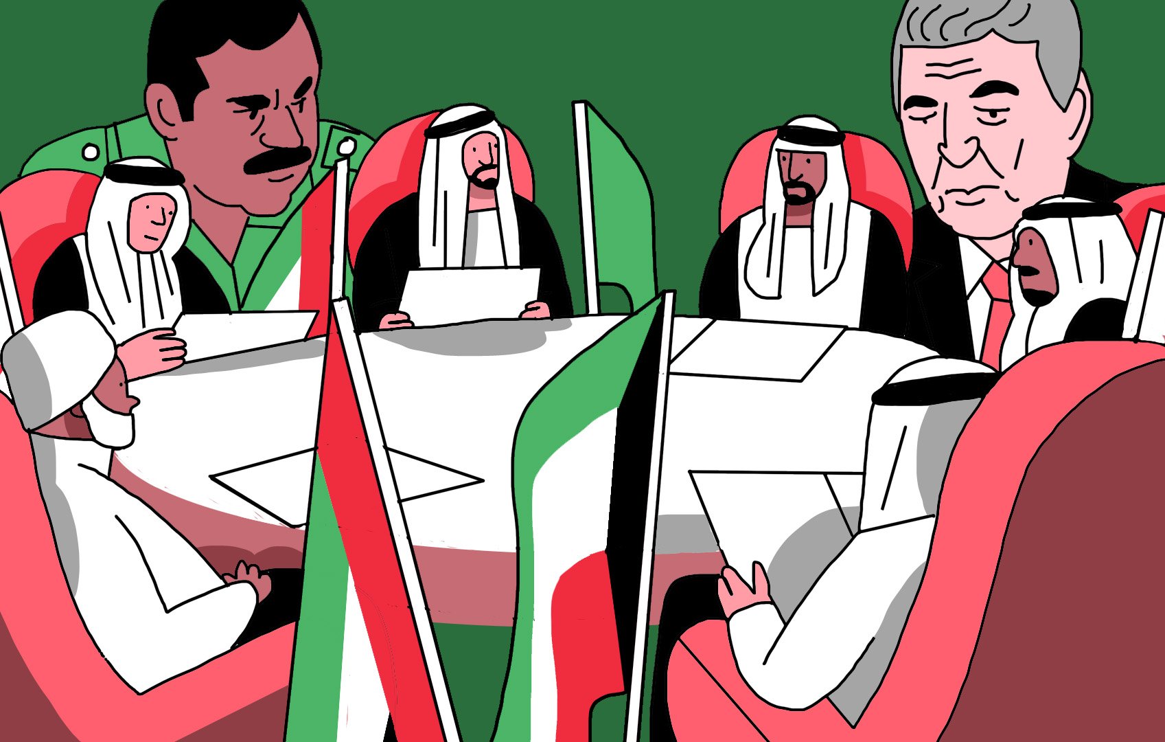 L'image représente une réunion entre plusieurs personnages assis autour d'une table ronde. Ils portent des vêtements traditionnels, comme des kandoras et des ghoutas, typiques des pays du Golfe. Sur la table, on peut voir des drapeaux de différents pays, ce qui suggère une rencontre diplomatique. L'ambiance semble sérieuse, et les participants semblent concentrés sur les discussions. Le fond est coloré en vert, ce qui met en avant les personnages présents.