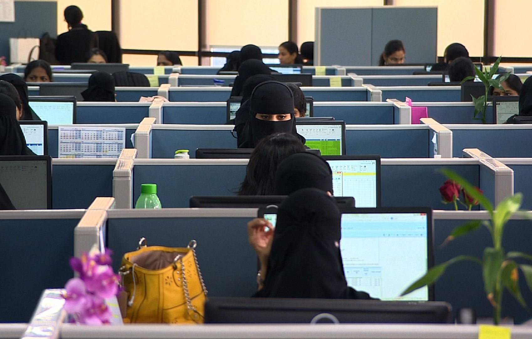 L'image montre un espace de bureau moderne, avec plusieurs employés assis à leurs bureaux, chacun devant un ordinateur. La plupart des femmes portent des vêtements noirs, y compris des hijabs ou des niqabs, ce qui leur donne une apparence uniforme. On peut voir des écrans d'ordinateur affichant des tableaux ou des données, ainsi que quelques plantes décoratives et des objets sur les bureaux. L'ambiance semble professionnelle et organisée, avec un grand nombre de personnes travaillant dans cet environnement administratif.